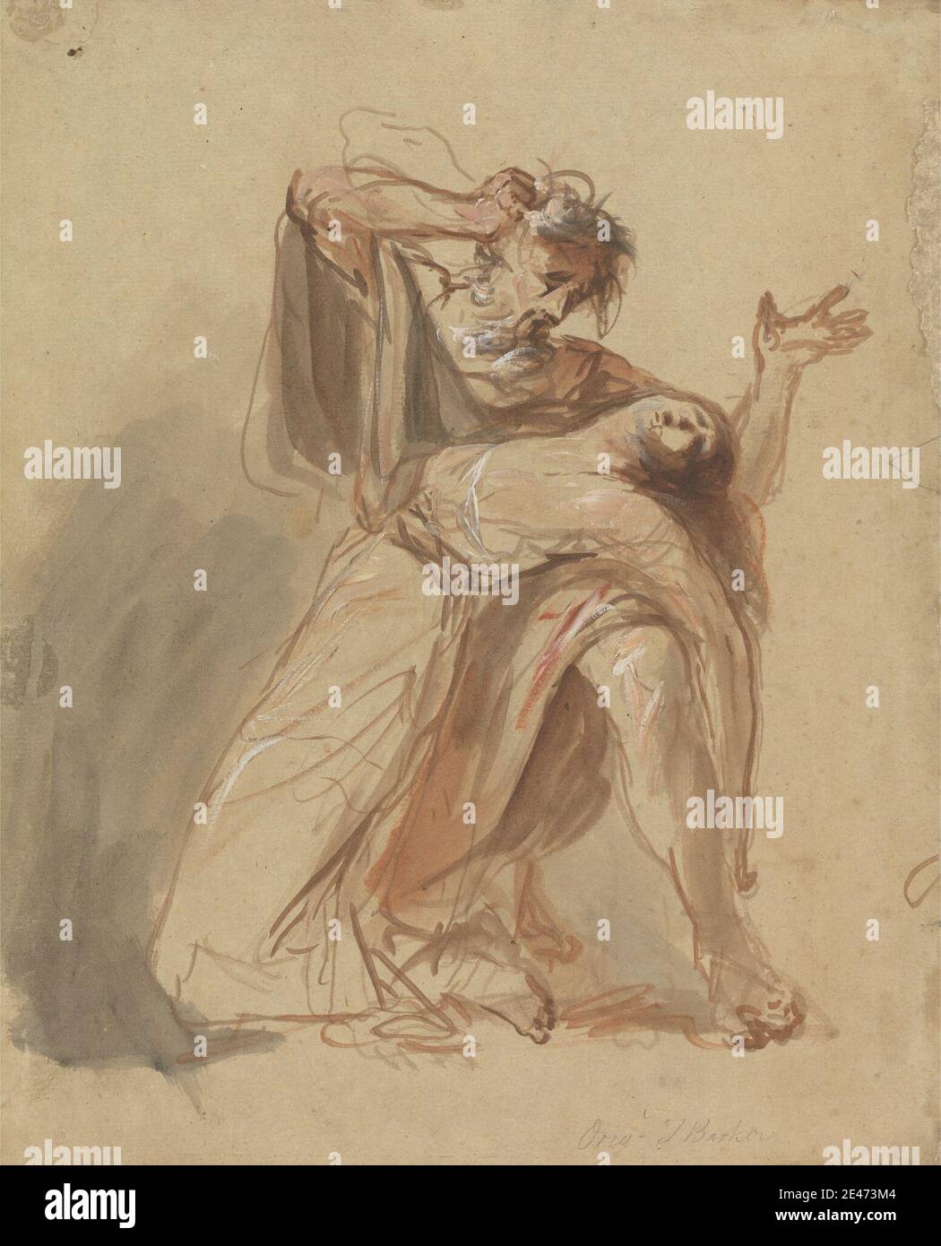 unknown artist, The Death of Cordelia, undated. Watercolor, gouache, red crayon, and graphite on moderately thick, slightly textured, beige laid paper.   beard , carrying , cloak , daughter , death , dress , father , figure study , gesturing , grief , holding , king (person) , King Lear, Act V, Scene III , King Lear, play by William Shakespeare , literary theme , man , murder , play , plays by William Shakespeare , princess , sadness , sash , woman. King Lear (character in King Lear) Shakespeare, William (1564–1616), playwright and poet Cordelia (character in King Lear) Stock Photo