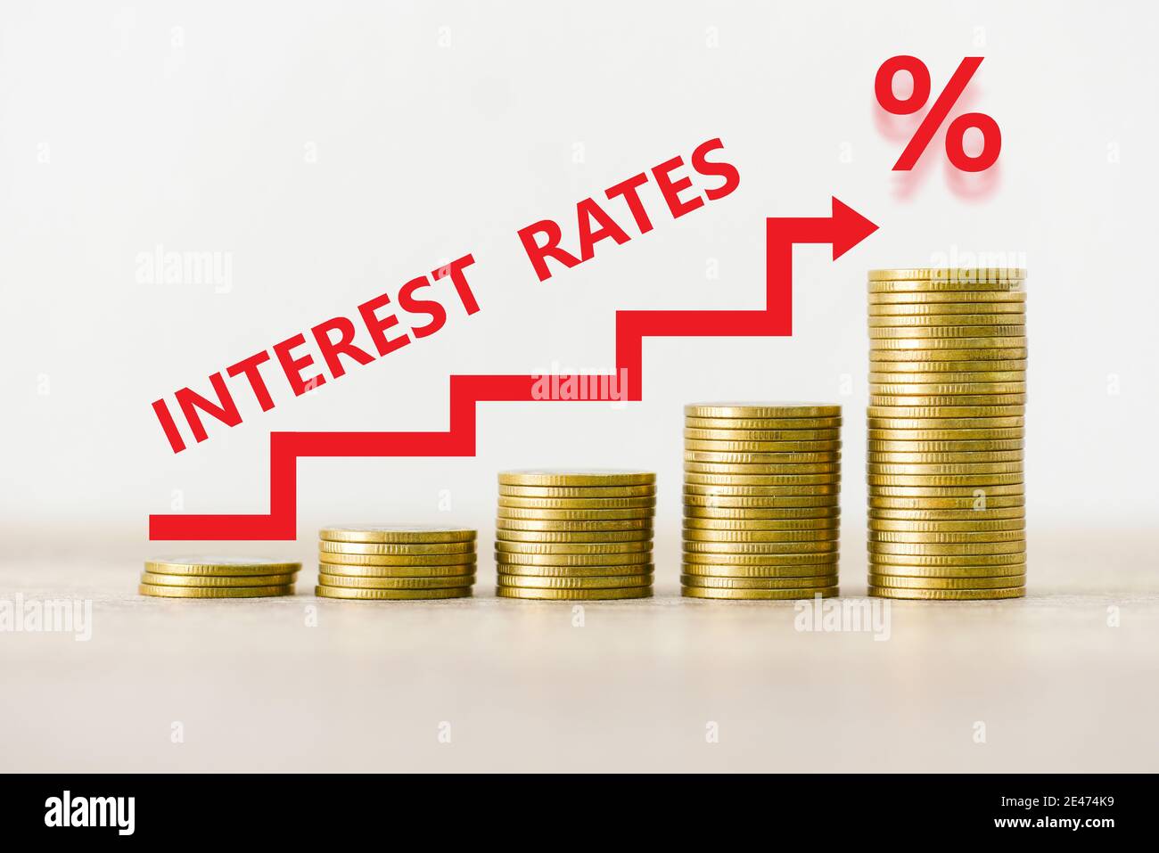 Interest rate financial and mortgage rates concept, stack of coin showing percentage increase graph interest rates rise Stock Photo
