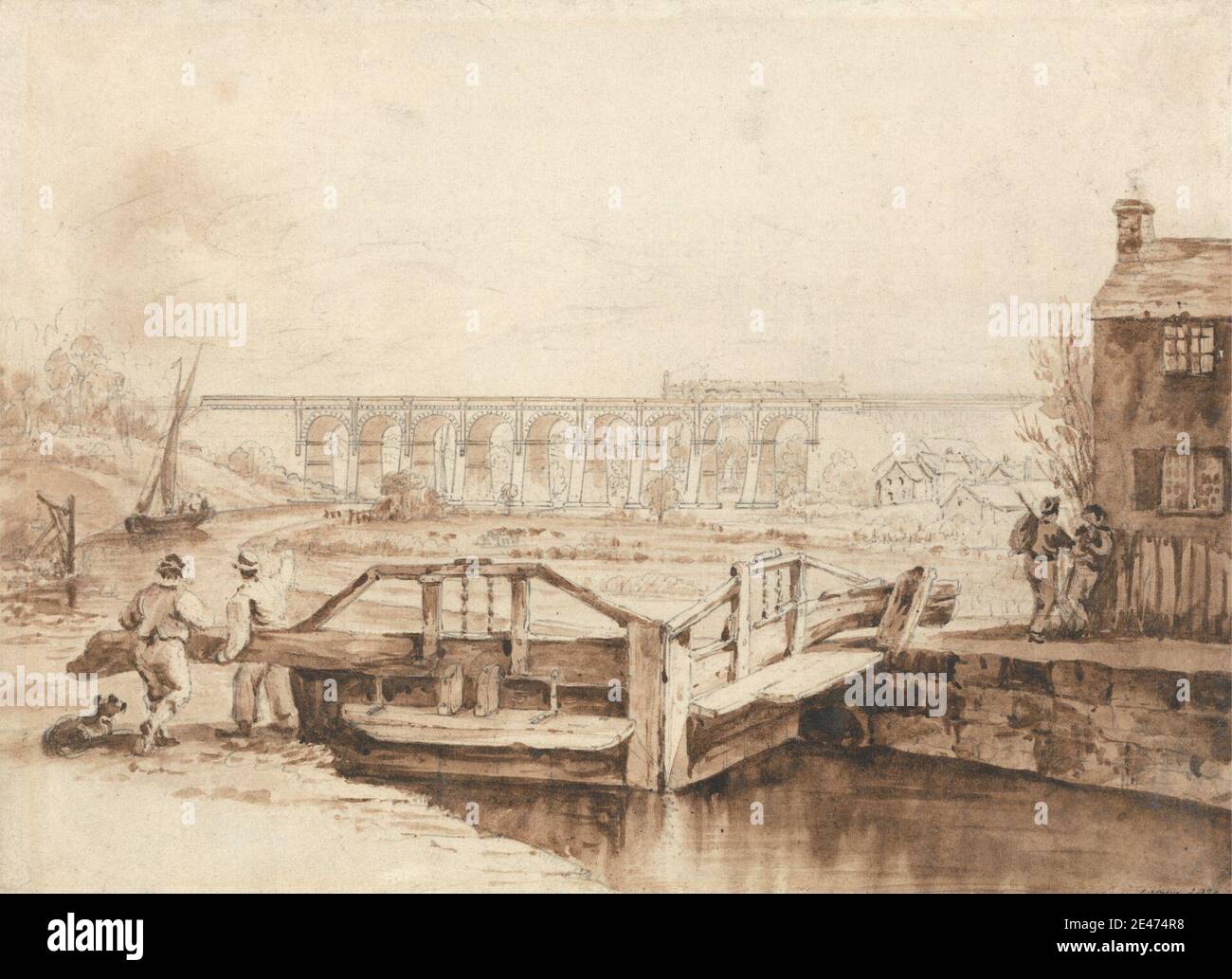 Isaac Shaw, active 1830, The Viaduct over the Sankey Canal, ca. 1830. Brown wash, brown ink, and graphite on medium, smooth, cream wove paper.   architectural subject , bridge (built work) , bridges, arch , bridges, railway , canal , canal boat , houses , landscape , lock , locomotive, steam , people , train , viaduct. Burtonwood , Cheshire , Earlestown , England , Newton-le-Willows , Saint Helens , Saint Helens Canal , Sankey Brook , United Kingdom , Warrington Stock Photo