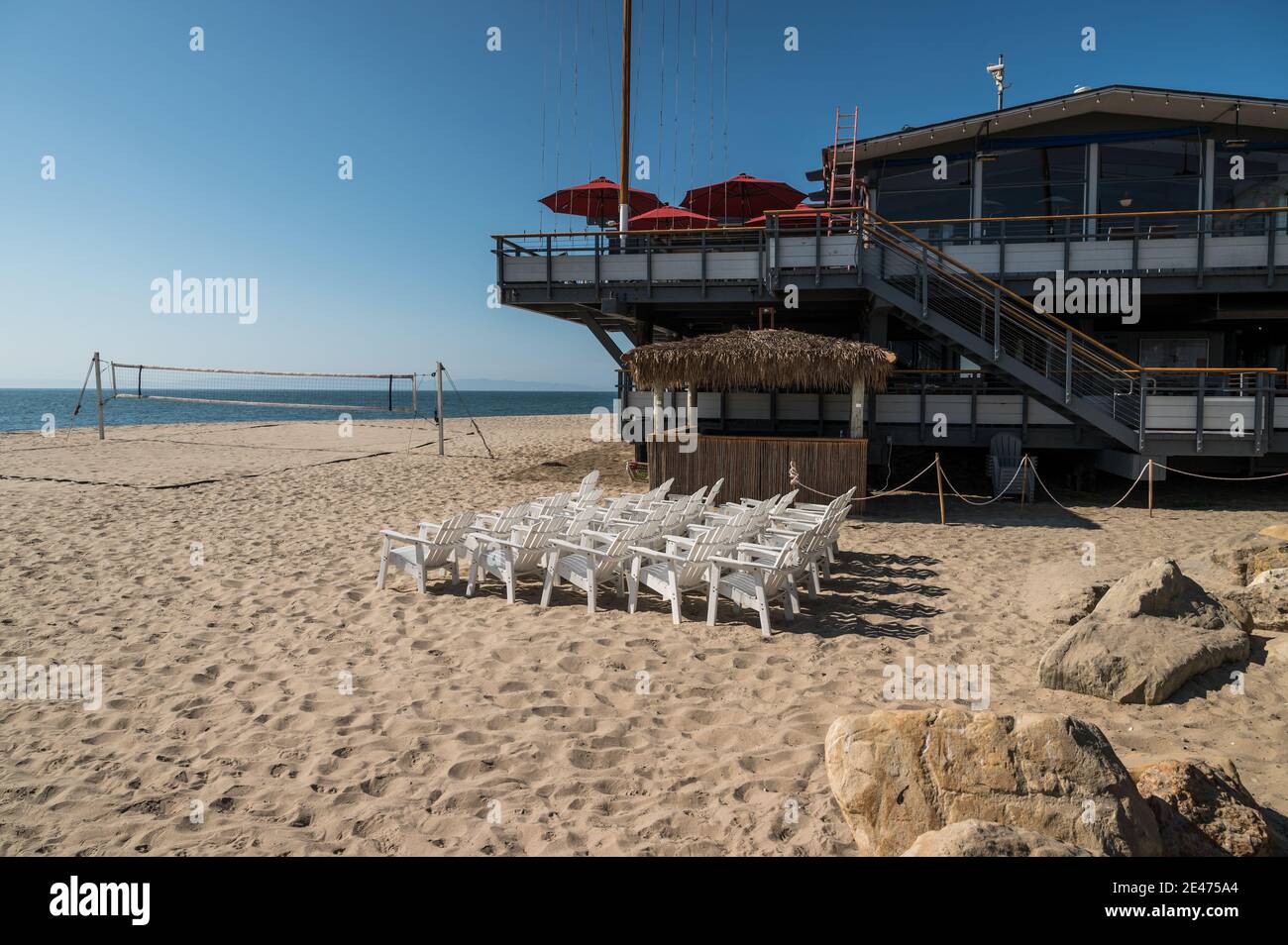 Closed beach restaurant at Santa Barbara beach because of coronavirus shutdown Stock Photo