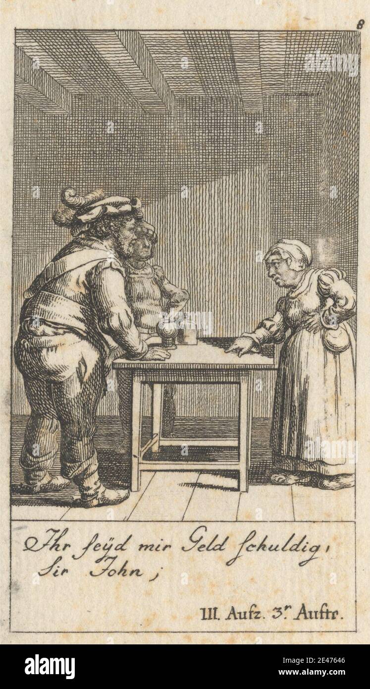 Print made by Daniel Nikolaus Chodowieki, German, 1726–1801, German, 'Henry IV, Part I,' Act III, Scene III, undated. Etching on moderately thick, slightly textured, beige laid paper.   arguing , boots , candles , cape , coat , debt , explaining , fur , gesturing , hats , Henry IV, part I by William Shakespeare , illustration , keys , literary theme , men , money , plays by William Shakespeare , pointing , posing , showing , swords , table , watching , woman. Shakespeare, William (1564–1616), playwright and poet Stock Photo