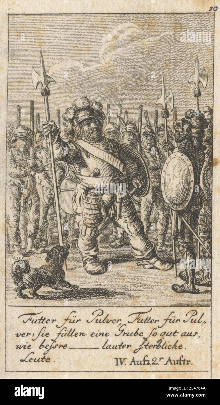 Print made by Daniel Nikolaus Chodowieki, German, 1726–1801, German, 'Henry IV, Part I,' Act IV, Scene II, undated. Etching on moderately thick, slightly textured, beige laid paper.   armour , army , axes , boots , cape , coat , dog (animal) , explaining , fighting , gesturing , hats , helmets , Henry IV, part I by William Shakespeare , illustration , literary theme , men , plays by William Shakespeare , posing , shields , shouting , showing , soldiers , swords , watching. Shakespeare, William (1564–1616), playwright and poet Stock Photo