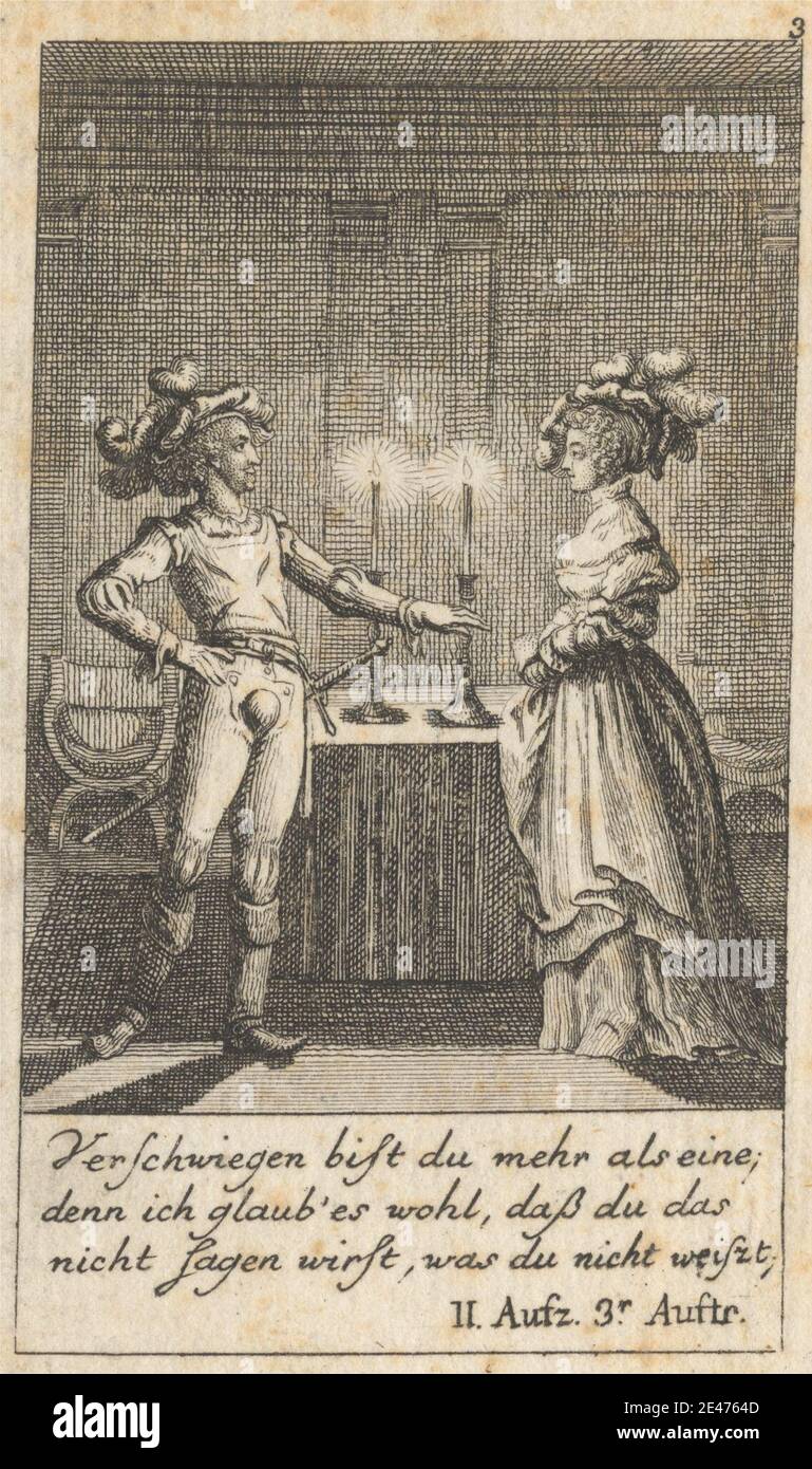 Print made by Daniel Nikolaus Chodowieki, German, 1726–1801, German, 'Henry IV, Part I,' Act II, Scene III, undated. Etching on moderately thick, slightly textured, beige laid paper.   boots , candles , cape , chair , coat , fancy dress , flirting , gesturing , hats , Henry IV, part I by William Shakespeare , illustration , literary theme , man , plays by William Shakespeare , posing , swords , woman. Shakespeare, William (1564–1616), playwright and poet Stock Photo