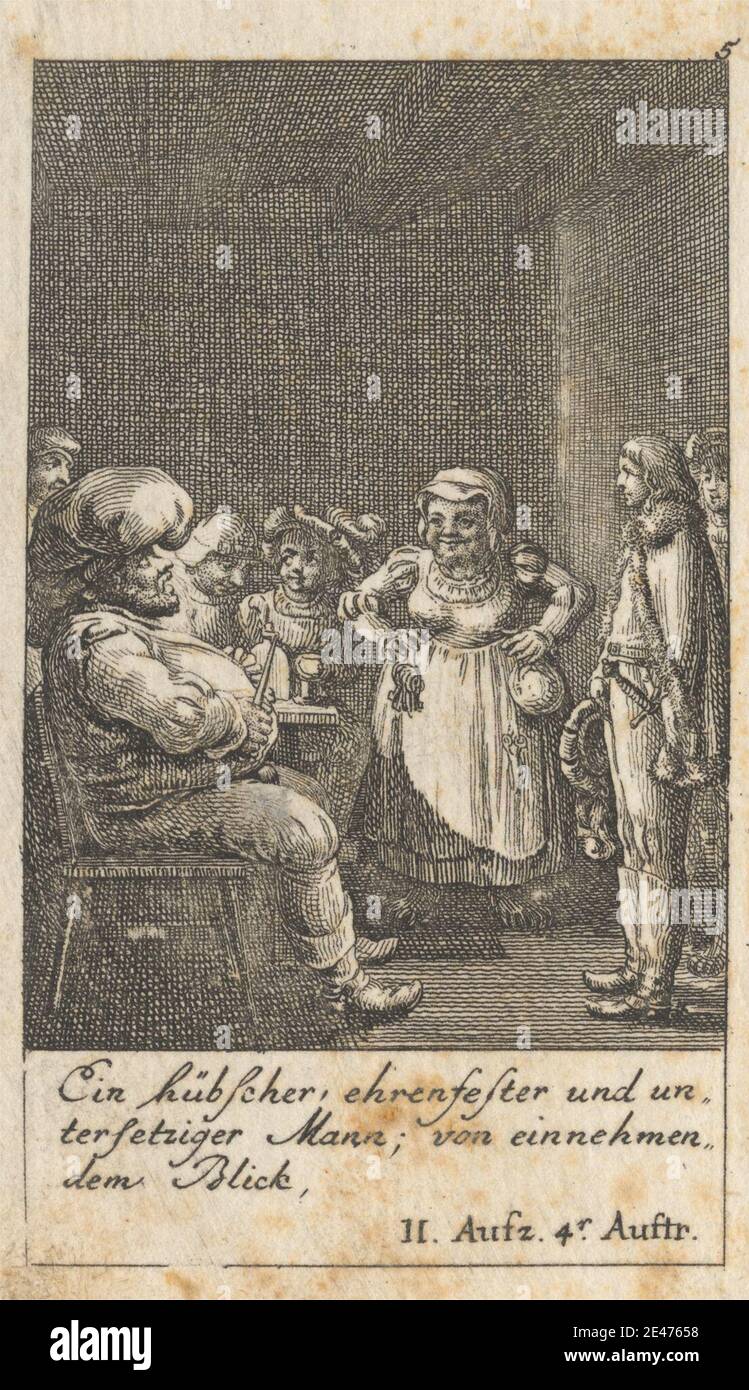 Print made by Daniel Nikolaus Chodowieki, German, 1726–1801, German, 'Henry IV, Part I,' Act II, Scene IV, undated. Etching on moderately thick, slightly textured, beige laid paper.   boots , candles , cape , coat , explaining , fur , gesturing , hats , Henry IV, part I by William Shakespeare , illustration , keys , literary theme , men , plays by William Shakespeare , posing , showing , swords , watching , woman. Shakespeare, William (1564–1616), playwright and poet Stock Photo