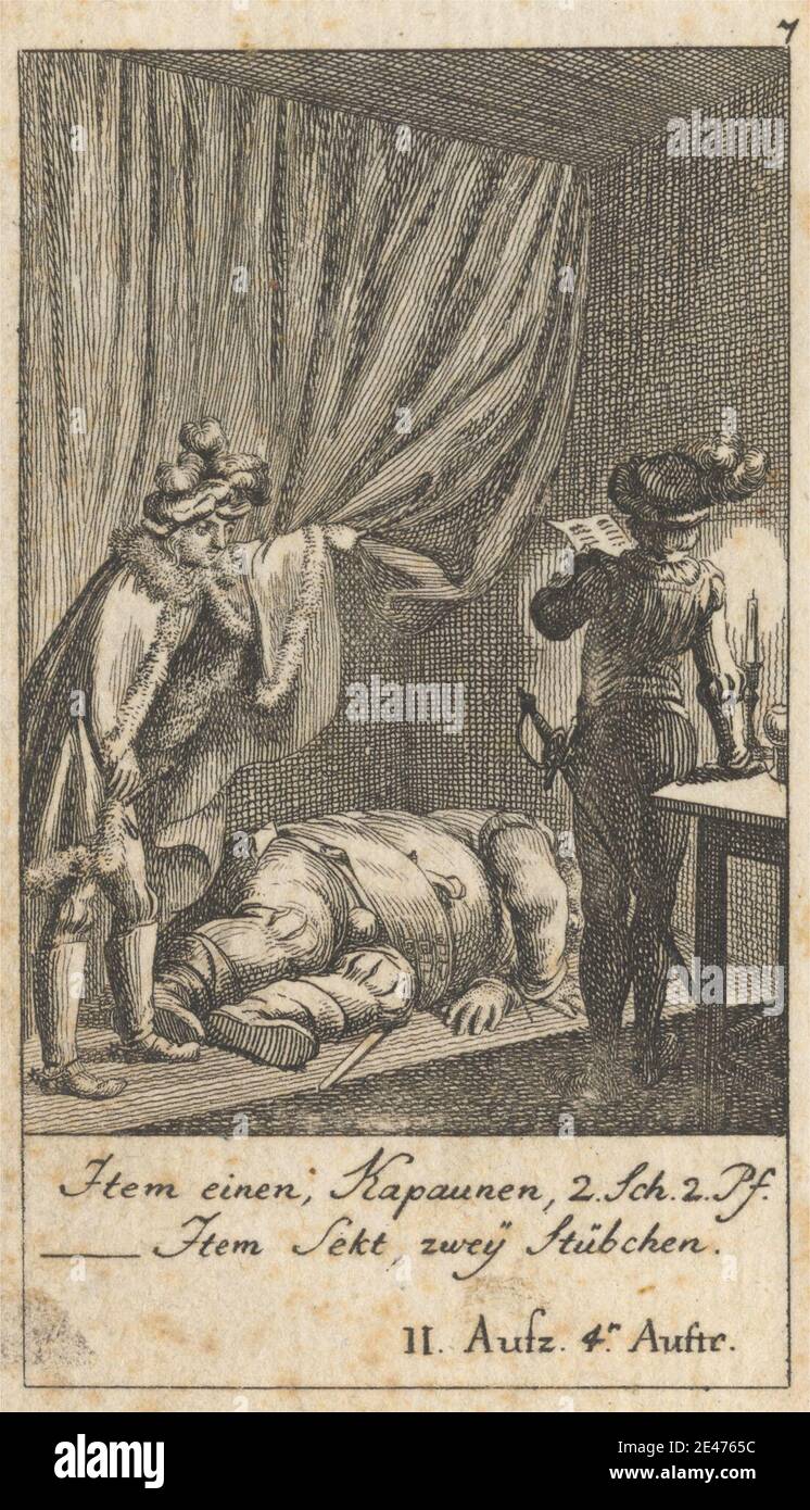 Print made by Daniel Nikolaus Chodowieki, German, 1726–1801, German, 'Henry IV, Part I,' Act II, Scene IV, undated. Etching on moderately thick, slightly textured, beige laid paper.   boots , candles , cape , coat , dead , dying , explaining , fur , gesturing , hats , Henry IV, part I by William Shakespeare , illustration , keys , literary theme , men , plays by William Shakespeare , pointing , posing , reading , showing , swords , table , watching. Shakespeare, William (1564–1616), playwright and poet Stock Photo