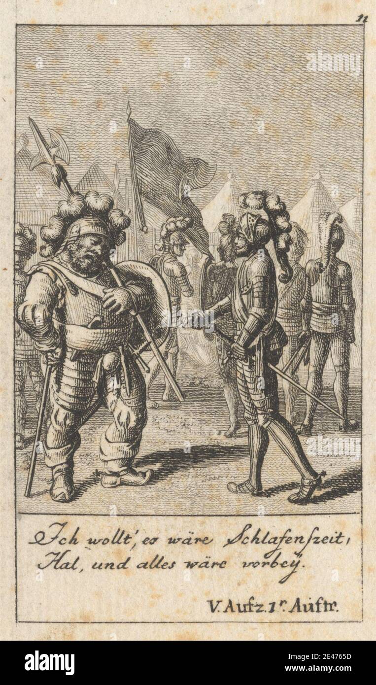 Print made by Daniel Nikolaus Chodowieki, German, 1726–1801, German, 'Henry IV, Part I,' Act V, Scene I, undated. Etching on moderately thick, slightly textured, beige laid paper.   armour , army , axes , boots , cape , coat , explaining , fighting , flags , gesturing , hats , helmets , Henry IV, part I by William Shakespeare , illustration , literary theme , men , plays by William Shakespeare , posing , shields , shouting , showing , soldiers , swords , tents , watching. Shakespeare, William (1564–1616), playwright and poet Stock Photo