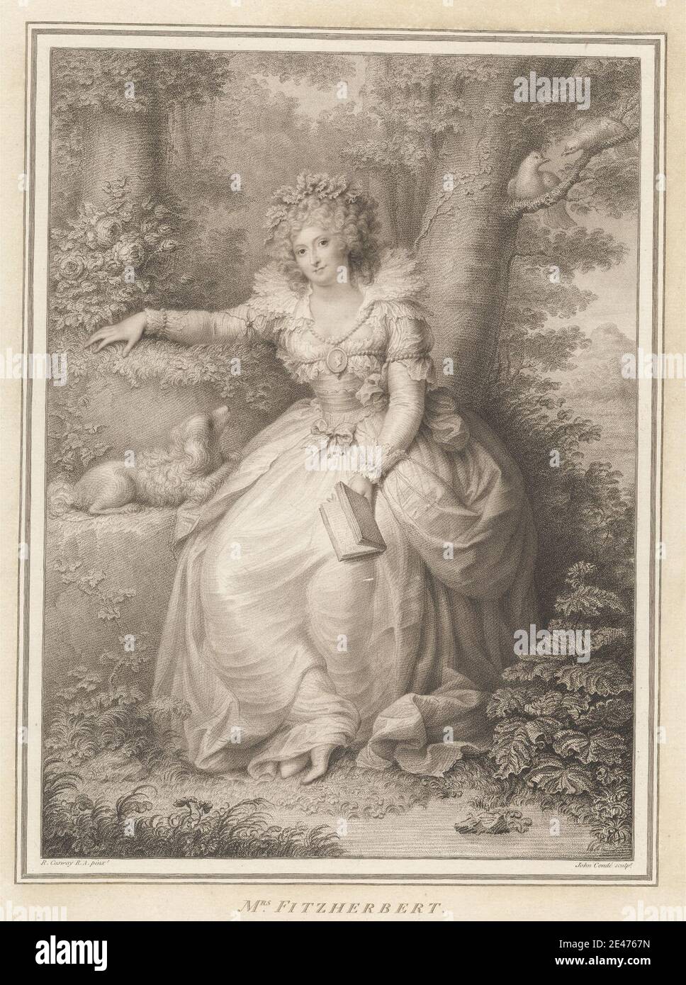 Print made by John Condé, 1765–1794, French, active in Britain, Mrs. Fitzherbert, 1792. Stipple engraving with etched border on moderately thick, slightly textured, cream laid paper.   beads , birds , book , bow (costume accessory) , cameo , costume , curls , dog (animal) , doves , dress , flowers (plants) , gaze , gown , headpiece , jewelry , landscape , leaves , medallion , miniature , necklace , oak leaves , pendant (jewelry) , portrait , reading , roses (plant) , ruff , Spaniel , trees , woman. Fitzherbert, [née Smythe; other married name Weld] Maria Anne (1756–1837), unlawful wife of Geor Stock Photo