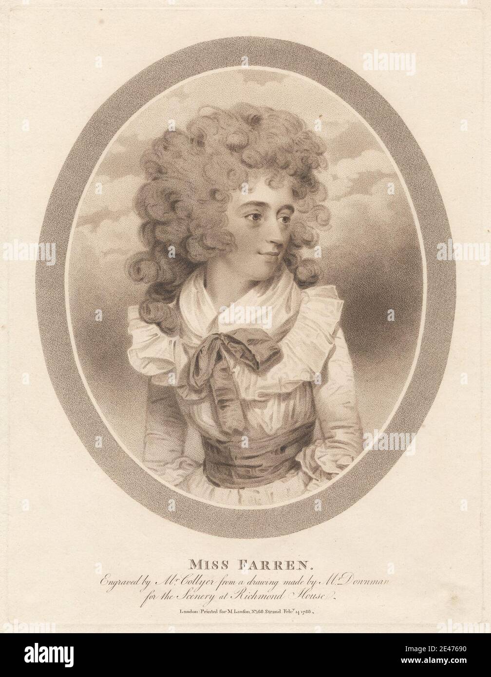 Print made by Joseph Collyer, 1748–1827, British, Miss Eliza Farren, 1788. Stipple engraving and etching on moderately thick, moderately textured, cream laid paper.   actress , bow (costume accessory) , collar , costume , curls , dress , girl , gown , oval , portrait , ruffle , sash , smiling , theater (discipline). Farren, Elizabeth (1759x62–1829), actress Stock Photo
