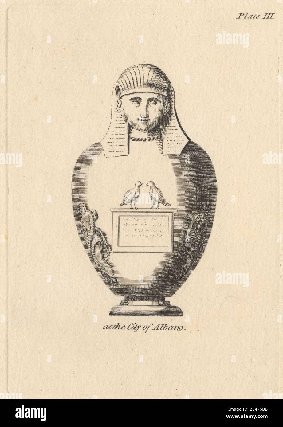 Print made by Placido Columbani, born ca. 1744, active 1801, Italian, active in Britain, At the City of Albano, undated. Etching and line engraving on moderately thick, moderately textured, beige laid paper.   antique , artifact , beads , birds , canopic jar , decoration , decorative arts , Egyptian , Grand Tour , headdress , jewelry , nemes , pharaoh , religious and mythological subject , still life , urn , vase , women Stock Photo