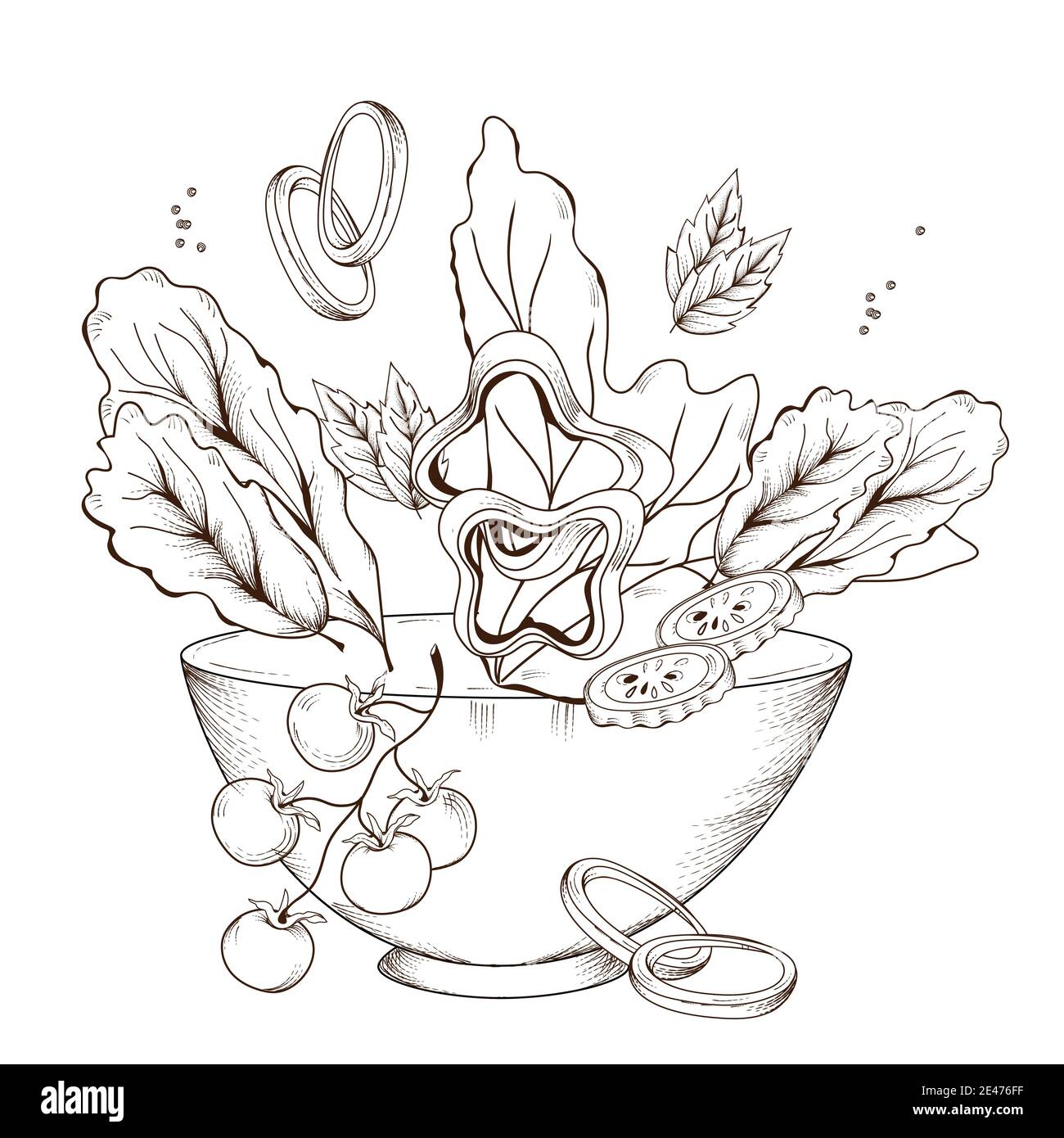 Salad bowl with mix of vegetables and lettuce leaves, engraving style