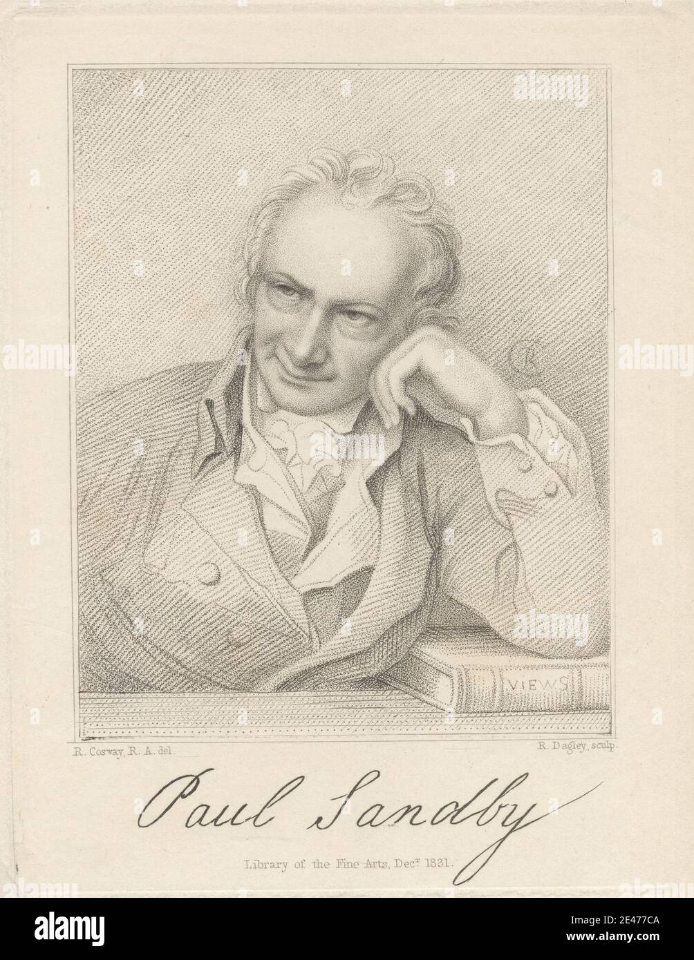 Print made by Richard Dagley, ca. 1765–1841, British, Paul Sandby, 1831. Stipple engraving and soft-ground etching on moderately thick, slightly textured, cream wove paper.   artist , book , collar , cravat , gaze , painter , portrait , posing , thoughtful. Sandby, Paul (bap. 1731, d. 1809), painter and engraver Stock Photo