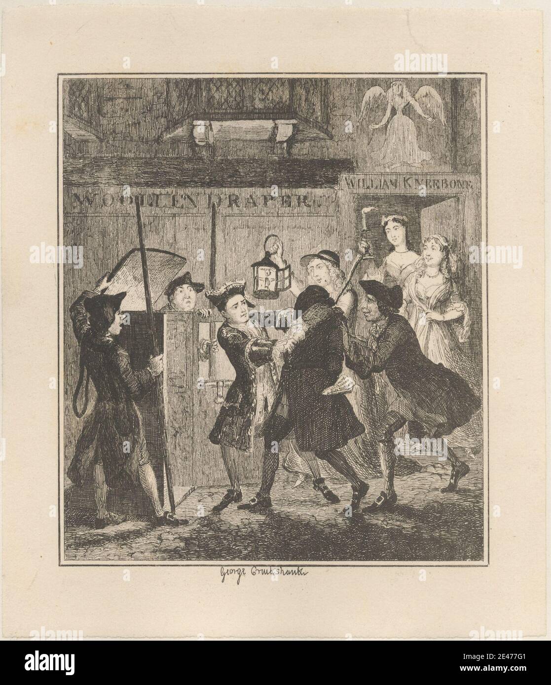 Print made by George Cruikshank, 1792–1878, British, Jack Sheppard Tricking Shotbolt, the Gaoler, 1839. Etching on moderately thick, smooth, cream wove paper with beige chine collé.   angry , Chapter 13 - 'The Supper at Mr. Kneebone's' , correctional institution , criminals , Epoch the Third: 'The Prison-Breaker.' , gaoler , genre subject , historical subject , illustration , Jack Sheppard (novel) , jail , lanterns , men , night , novel , stealing , surprise , sword , thief , tricking , women. Jack Sheppard Stock Photo