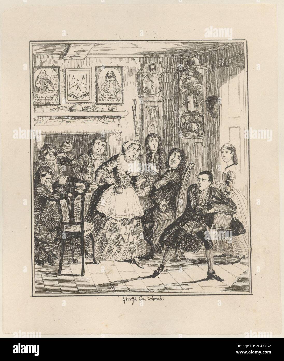 Print made by George Cruikshank, 1792–1878, British, 'May I be Cursed,' muttered Jack Sheppard, 'if ever I try to be honest again!', 1839. Etching on moderately thick, smooth, cream wove paper with beige chine collé.   angry , boxes , chair , Chapter 5 - 'Hawk and Buzzard' , clocks , criminals , drinking , Epoch the Second: 'Thames Darrell.' , eyepatch , food , gesturing , illustration , Jack Sheppard (novel) , literary theme , men , novel , robbery , sitting , stealing , surprise , sword , thief , women. Jack Sheppard Stock Photo