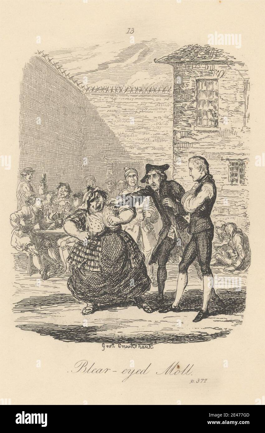 Print made by George Cruikshank, 1792–1878, British, Blear-Eyed Moll, ca. 1832. Etching on moderately thick, smooth, beige wove paper.   angry , building , caricature , eyepatch , genre subject , illustration , men , obese , old , satire , ugly , women Stock Photo