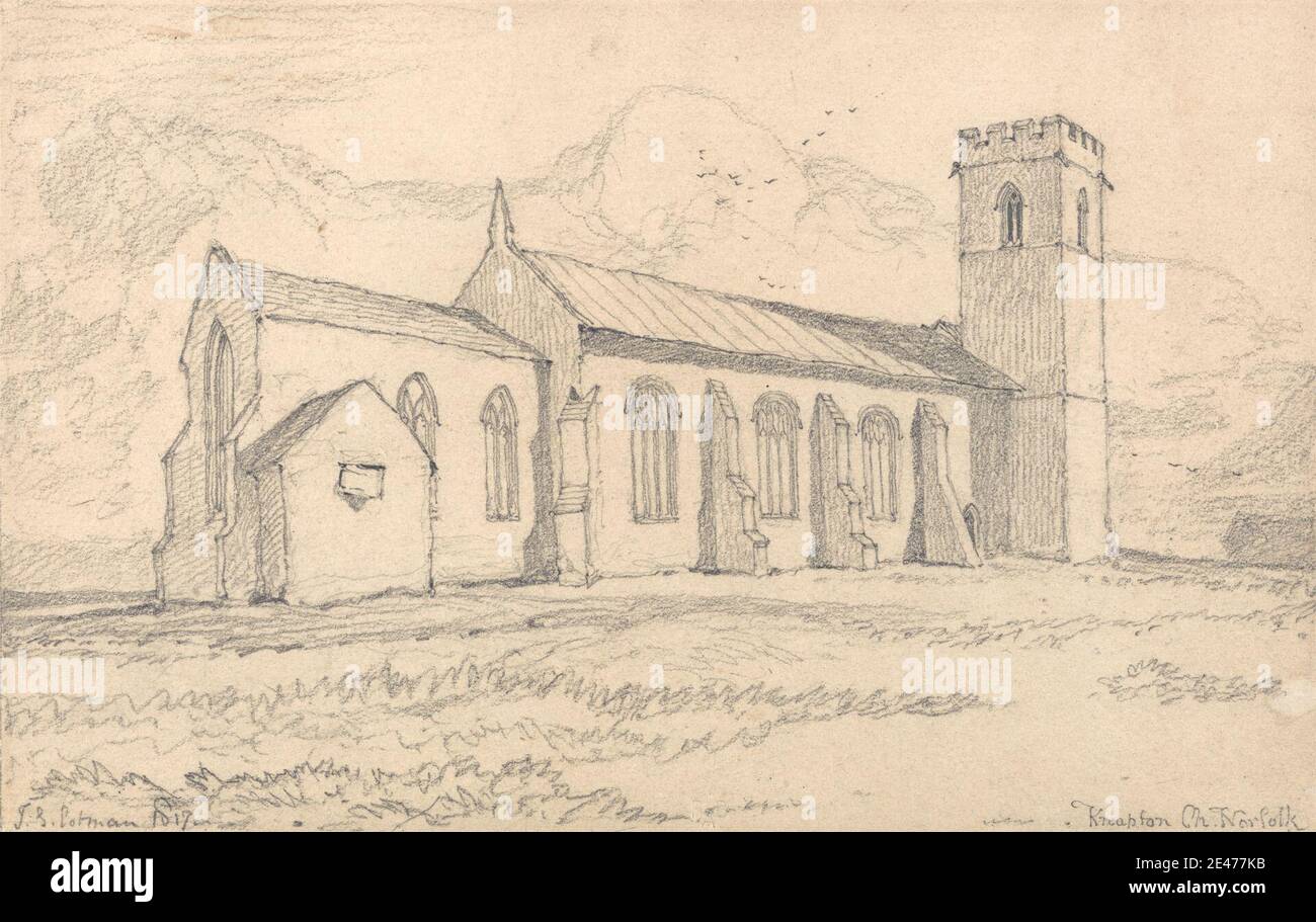 John Sell Cotman, 1782–1842, British, Knapton Church, Norfolk, from the North-East, 1817. Graphite and brown wash on medium, smooth, cream wove paper.   architectural subject , Architecture--Medieval , church , hammerbeam roofs. England , Norfolk , United Kingdom Stock Photo