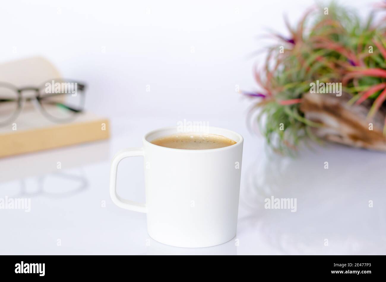 A cup of coffee on table with air plant Tillandsia, spectacles and book on white background. Stock Photo
