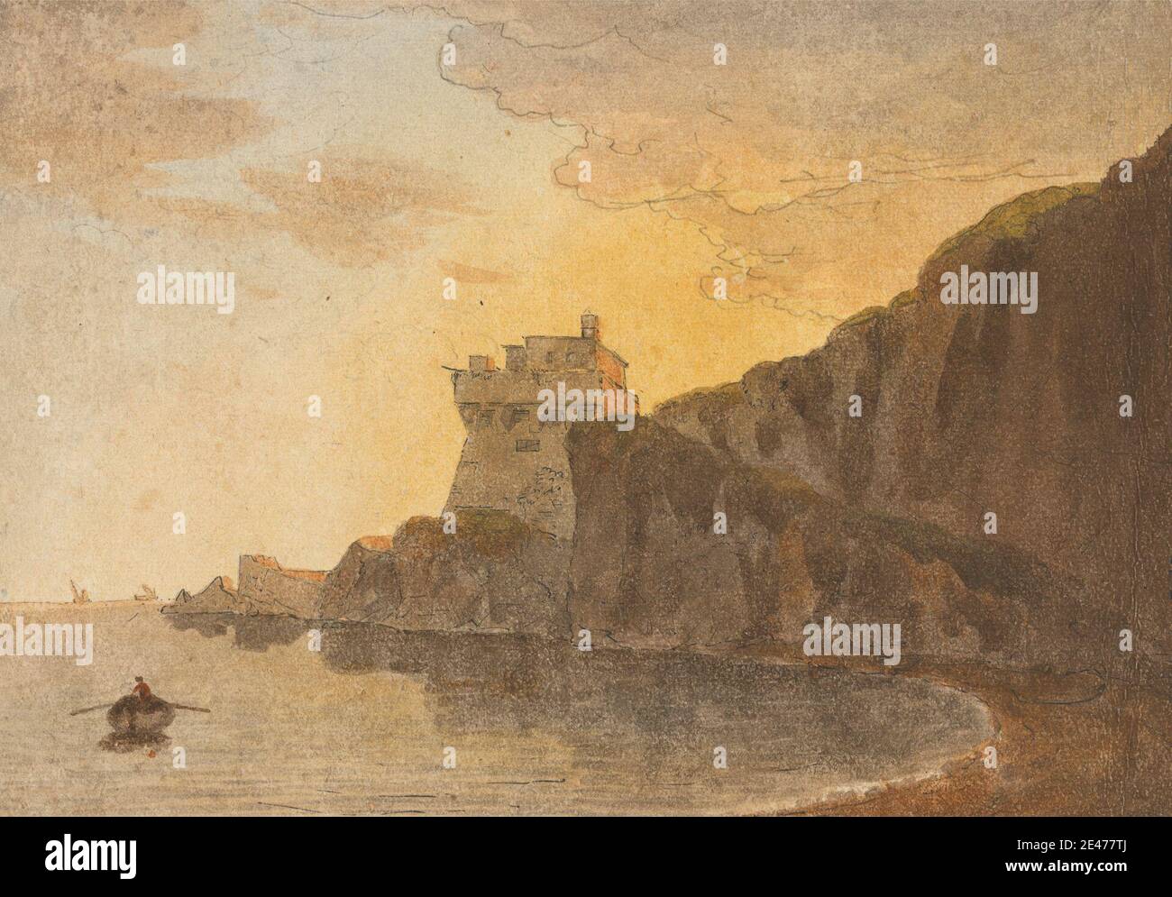 John Warwick Smith, 1749–1831, British, In the Bay of Salerno, near Vietri, undated. Black ink, watercolor, and graphite on medium, moderately textured, cream laid paper mounted on moderately thick, slightly textured, cream wove paper.   bay (body of water) , cliffs , clouds , evening , landscape , rowboat , tower (building division). Europe , Italy , Salerno , Salerno, Golfo di , Vietri sul Mare Stock Photo