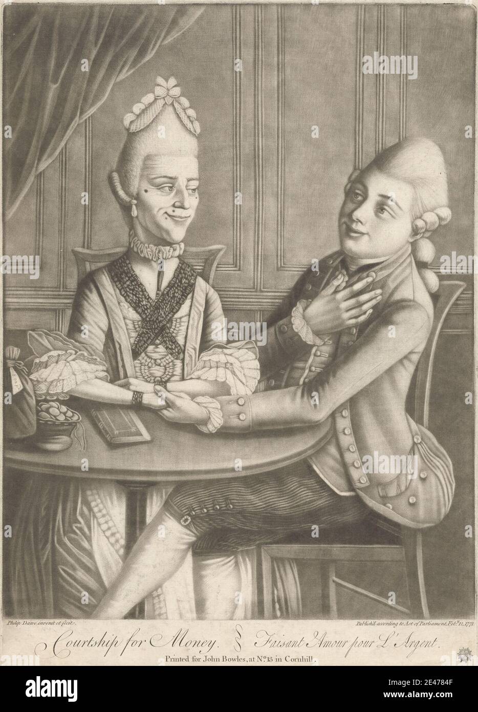 Print made by Philip Dawe, ca.1745–ca.1809, British, Courtship for Money, 1771. Mezzotint on moderately thick, moderately textured, cream laid paper.   bag (container) , book , bow (costume accessory) , caricature , chairs , choker , coat , coins , costume , curtains , drapery , earrings , fashion , flounces , genre subject , gesture , gown , headpiece , humor , interior , jewelry , lace , love , man , moles (facial feature) , money , panels , parody , pouch , satire , smile , stripes , table , talking , wig , woman Stock Photo