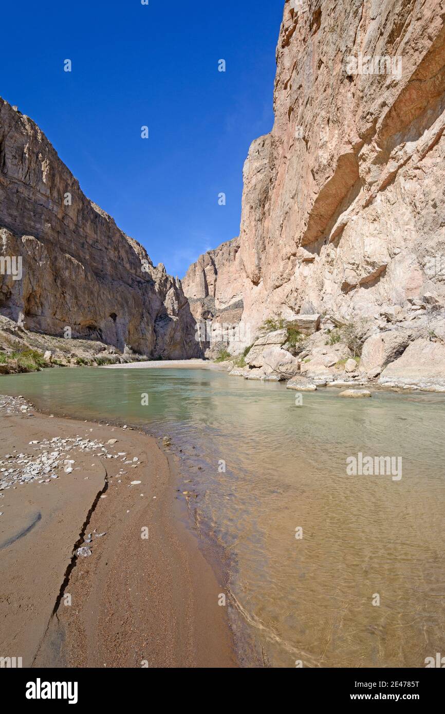 Rio Grande River Heading Into Narrow Boquillas Canyon in Big Bend National Park in Texas Stock Photo