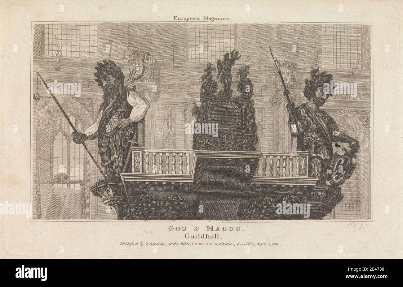 after unknown artist, Gog and Magog, Guildhall, 1820. Public Domain Stock Photo