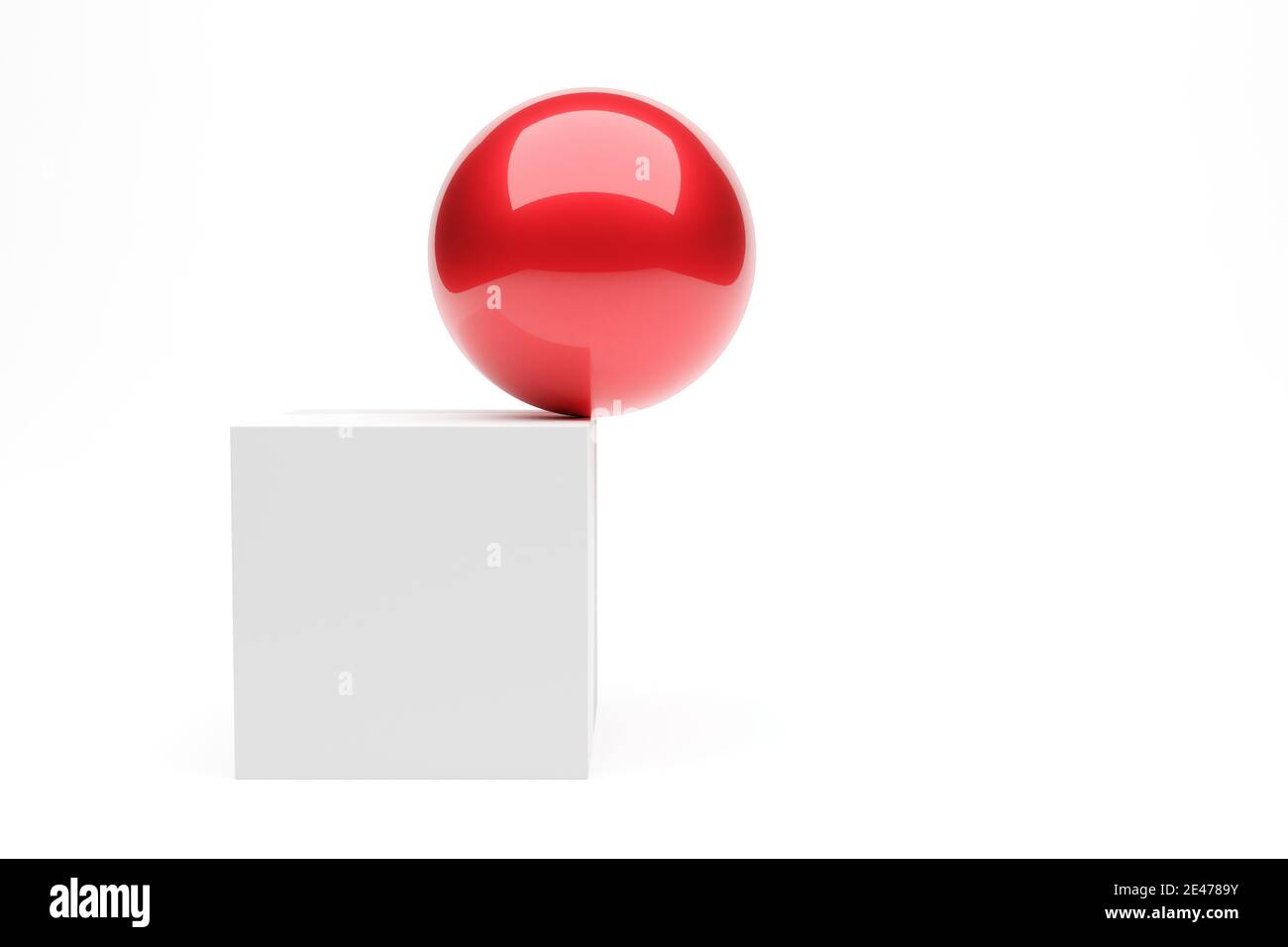 Shiny red sphere in equilibrium on edge of white cube over white background, stability, accuracy or risk concept, 3D illustration Stock Photo