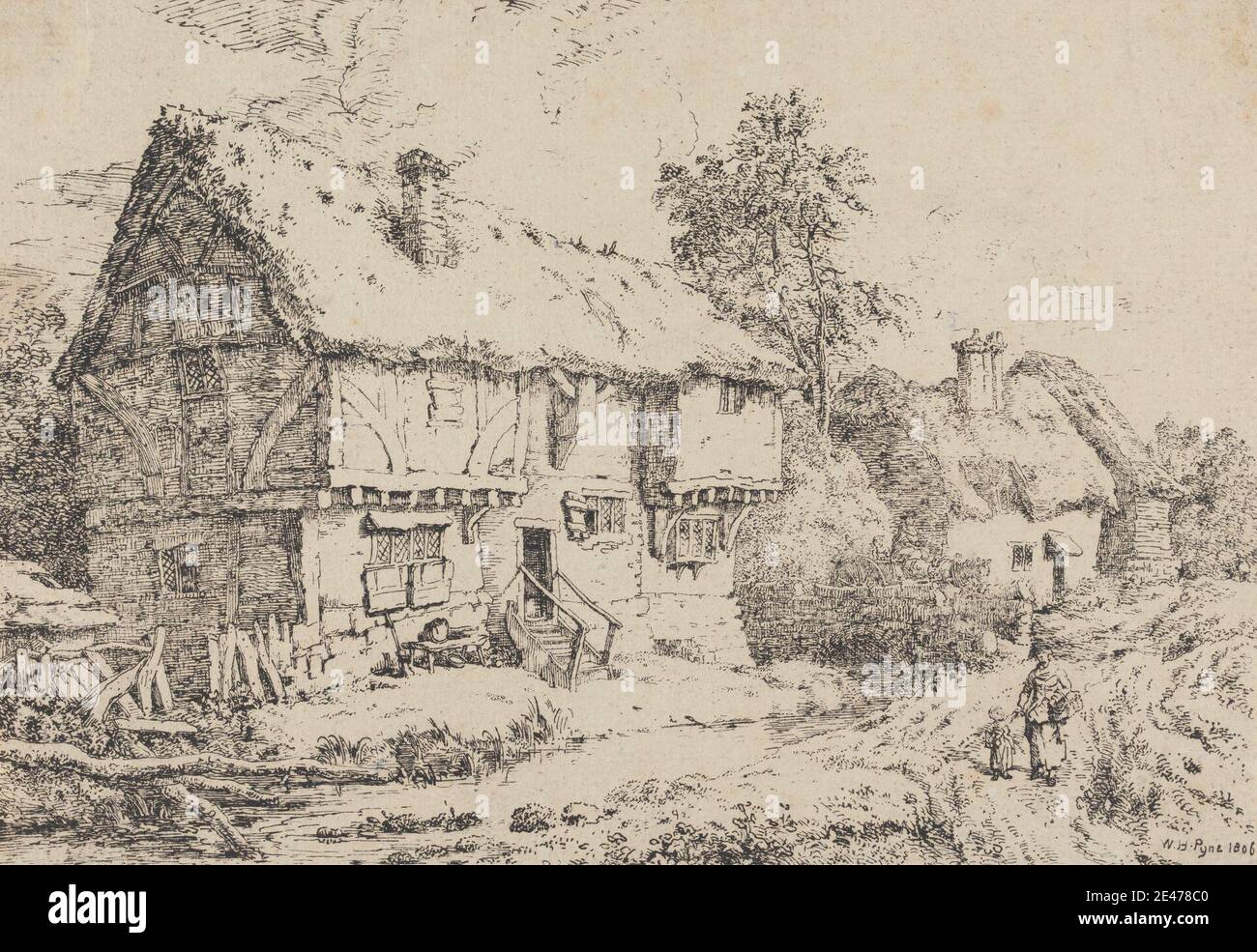 William Henry Pyne, 1769–1843, British, Old Cottages, 1806. Lithograph on gray laid paper. Public Domain Stock Photo
