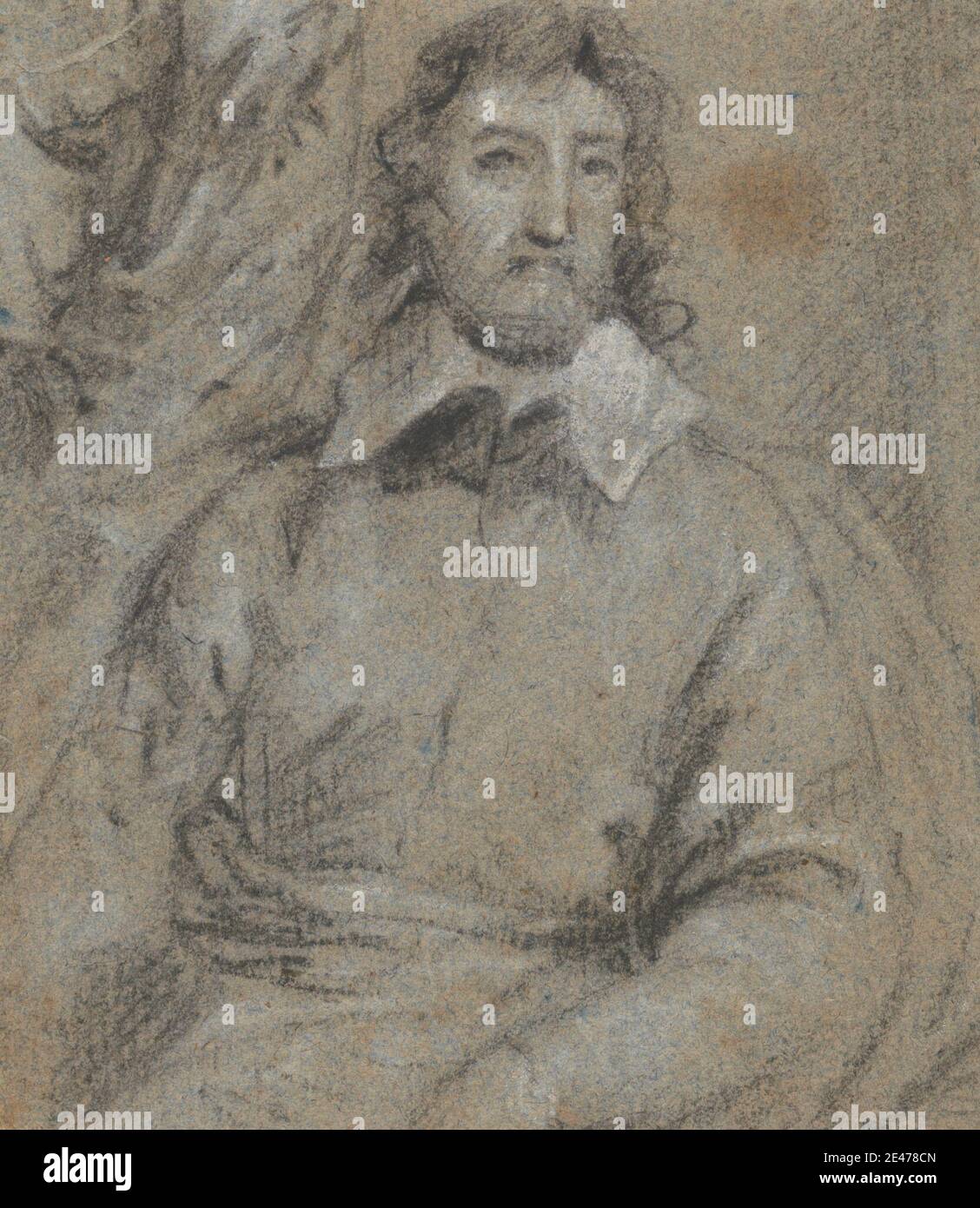unknown artist, Portrait of a Man, undated. Black and white chalk on medium, moderately textured, blue, laid paper.   collar , figure study , man , portrait Stock Photo