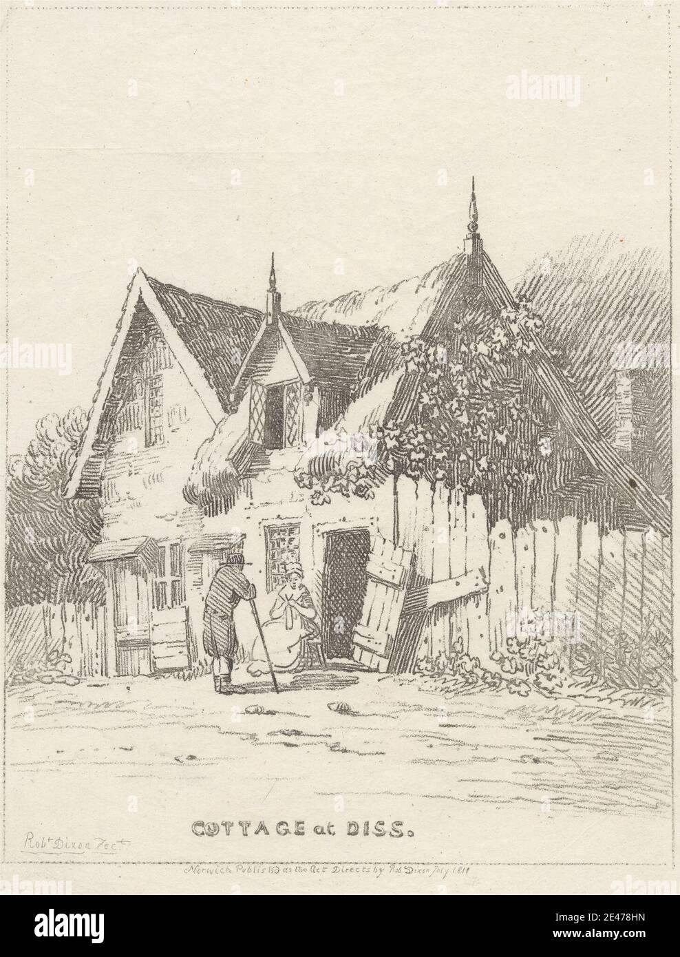 Robert Dixon, 1780–1815, British, Cottage at Diss, 1811. Soft-ground etching on medium, slightly textured, cream wove paper.   architectural subject , cottage , fences , flowers (plants) , genre subject , house , illustration , man , peasants , road , sitting , standing , talking , vines , windows , woman. Diss , England , Europe , Norfolk , United Kingdom Stock Photo
