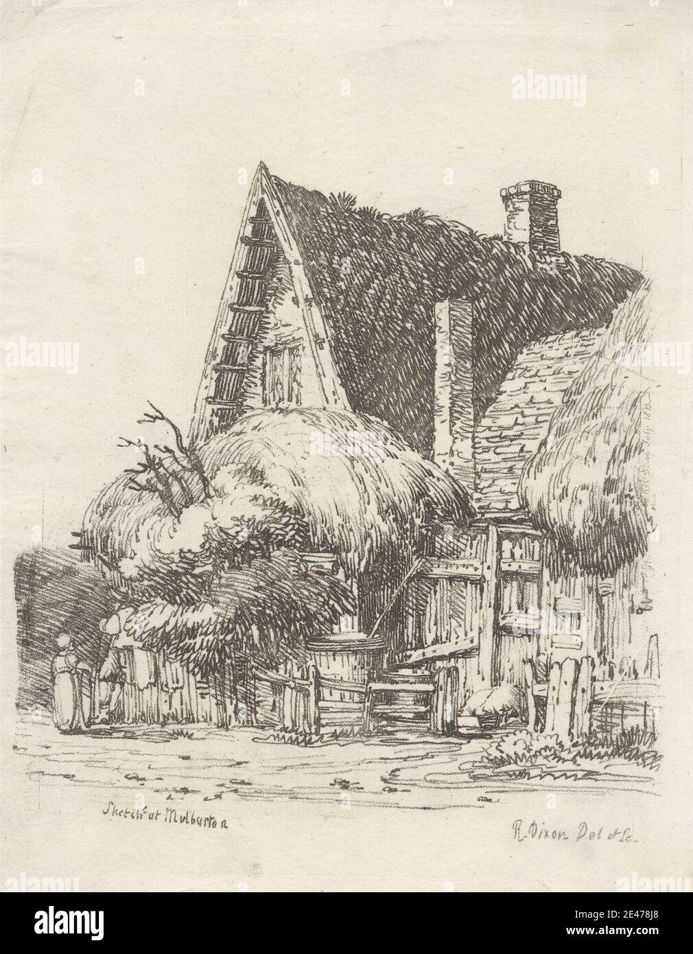 Robert Dixon, 1780–1815, British, Sketch at Mulbarton, between 1810 and 1811. Soft-ground etching on medium, slightly textured, cream wove paper.   architectural subject , chimneys , cottage , fences , gates , genre subject , house , illustration , peasant , road , street , thatch , trees , village , walking , woman. England , Europe , Mulbarton , Norfolk , United Kingdom Stock Photo