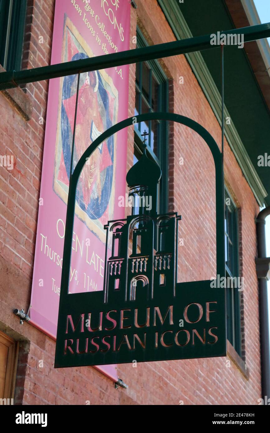 Sign outside the Museum of Russian Icons in Clinton, Massachusetts, USA. Stock Photo