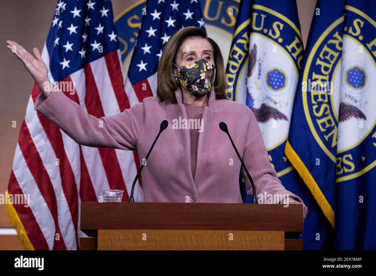 Washington, USA. 21st Jan, 2021. U.S. House Speaker Nancy Pelosi speaks during a press conference on Capitol Hill in Washington, DC, the United States, Jan. 21, 2021. U.S. House Speaker Nancy Pelosi said on Thursday that House committees will work on a new COVID-19 relief package next week. Credit: Ting Shen/Xinhua/Alamy Live News Stock Photo