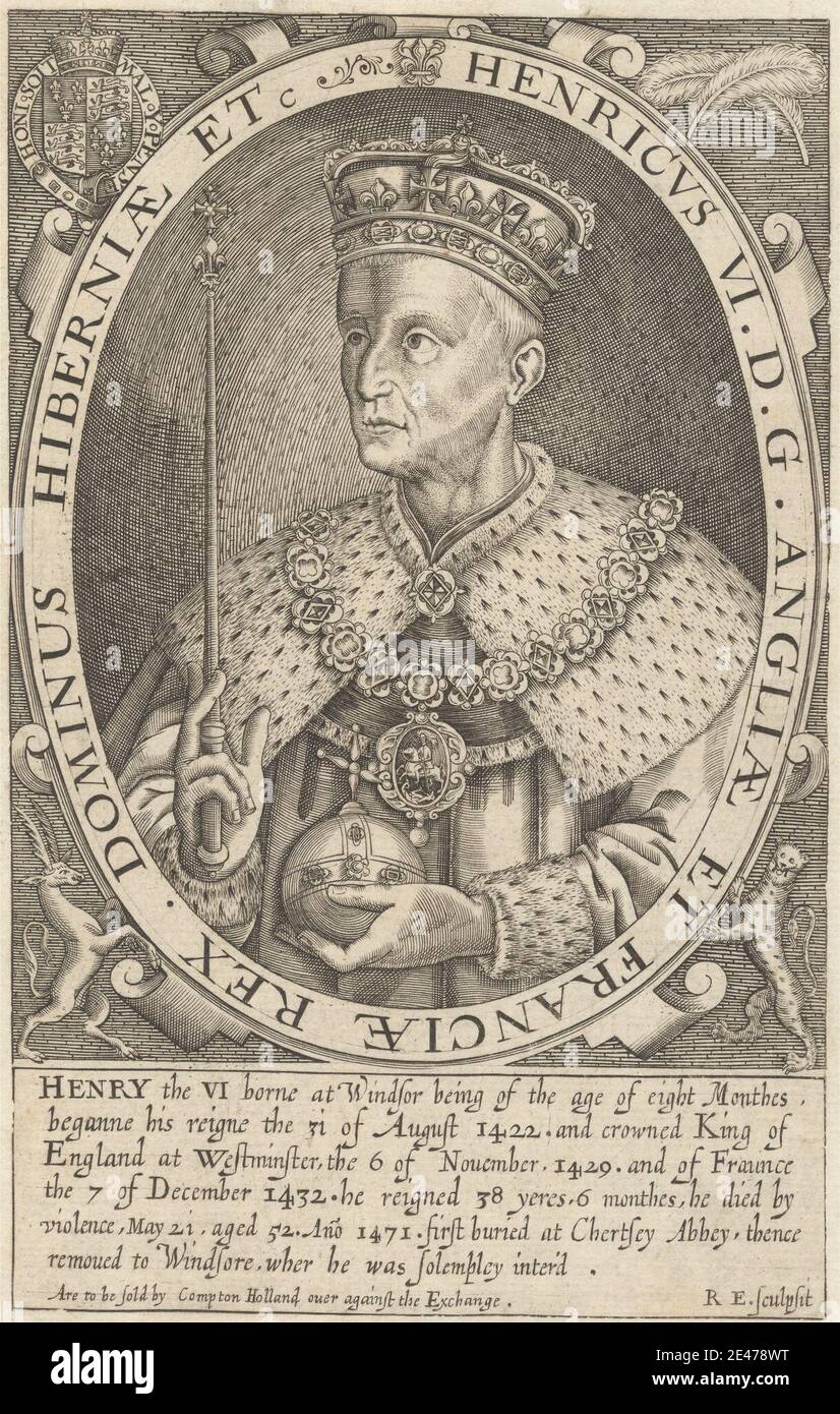 Renold Elstrack, 1570–1625(?), British, Henry VI, 1618 or 1628. Line engraving on medium, slightly textured, beige laid paper.   cartouche , coat of arms , costume , crest , crowns , cuffs , ermine , feathers , illustration , jewels , king (person) , livery collar , man , orb , oval , portrait , robe , royalty , scepter. Henry VI (1421–1471), king of England and lord of Ireland, and duke of Aquitaine Stock Photo