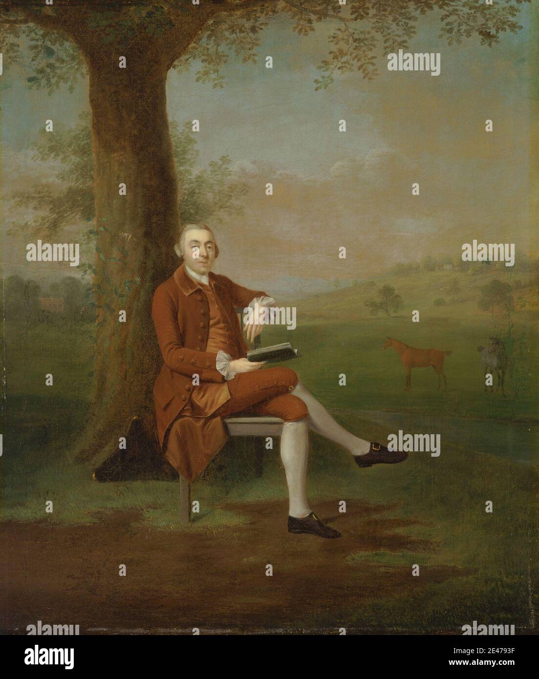 Arthur Devis, 1712–1787, British, Probably John Trevor, third Baron Trevor, of St. Anne's Hill, Surrey, and Trevalyn Hall, Denbighshire (formerly T. Travers, Esq.), 1763. Oil on canvas.   animals , baron , book , buckles , chair , country house , fields (agricultural land) , garden , Georgian , hills , horses (animals) , man , portrait , reading , rural , stockings Stock Photo