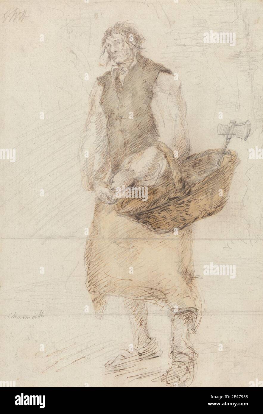 Heneage Finch fourth Earl of Aylesford, 1751–1812, British, The Butcher, undated. Watercolor, pen, brown ink, and graphite on moderately thick, moderately textured, cream laid paper.   apron , axe , basket , figure study , genre subject , man Stock Photo