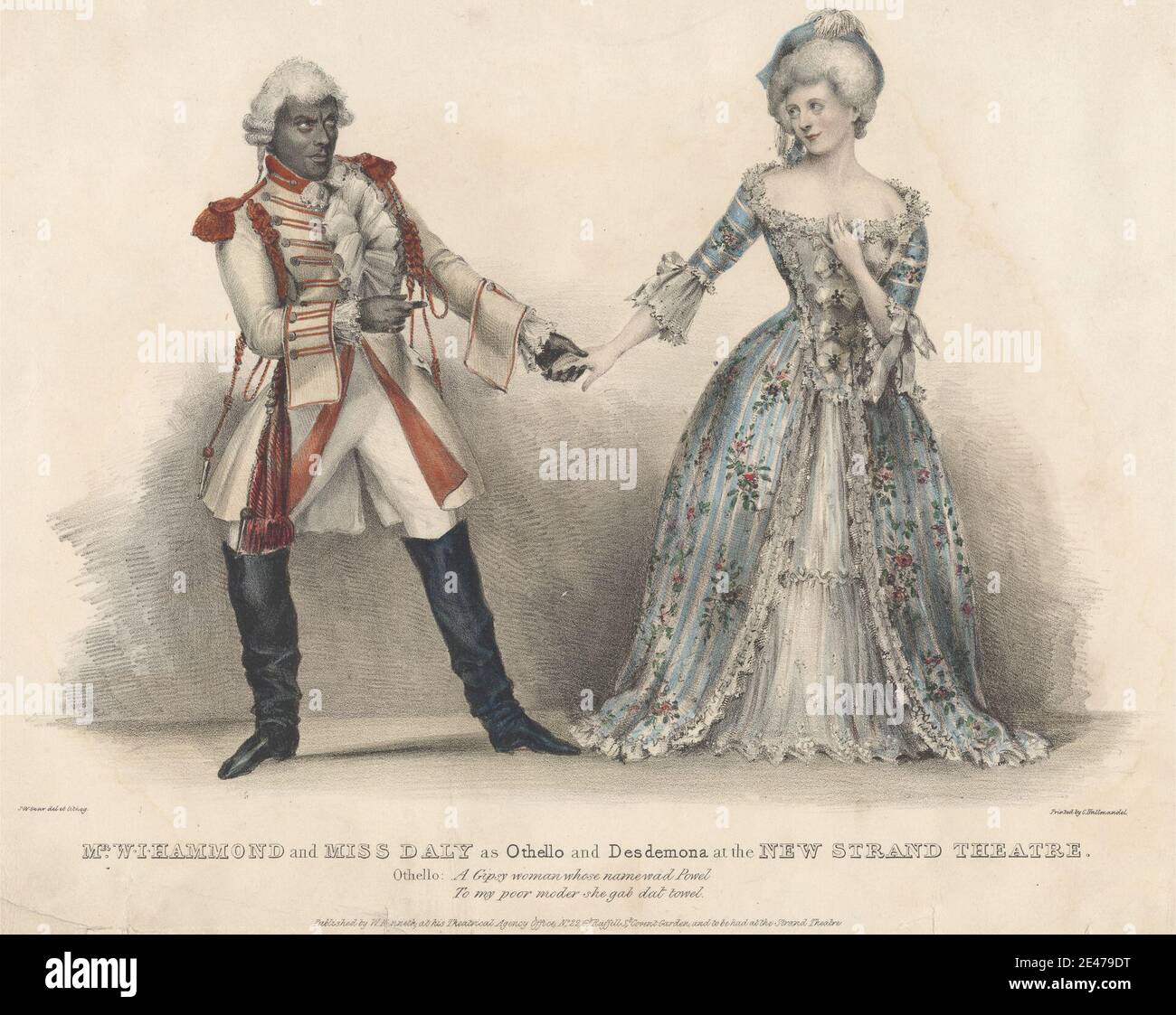 Print made by John W. Gear, 1806–1866, Mr. W. J. Hammond and Miss Daly as Othello and Desdemona at the New Strand Theatre, undated. Lithograph with watercolor on moderately thick, slightly textured, cream wove paper.   actor , actress , boots , costume , dress , gesturing , husband , literary theme , lovers , play , plays by William Shakespeare , tassels , The Tragedy of Othello, the Moor of Venice, play by William Shakespeare , theater , wife , wigs. Hammond, William John (1797x9-1848), actor and theater manager Shakespeare, William (1564–1616), playwright and poet Othello (character in Othel Stock Photo