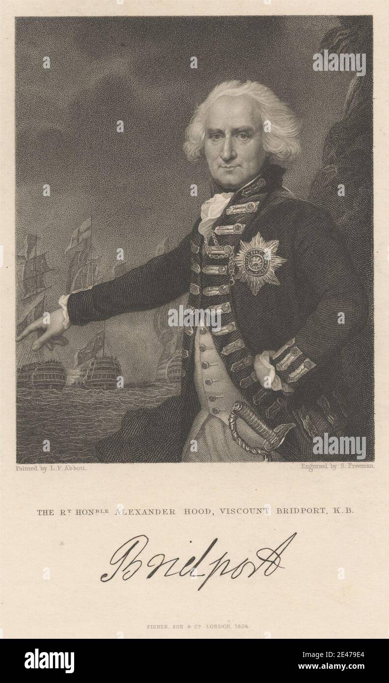 Print made by Samuel Freeman, 1773–1857, British, The Rt. Hon. Alexander Hood, Viscount Bridport, K.B, 1834. Stipple engraving and etching on moderately thick, smooth, cream card.   armed forces , cannons , coastline , cravat , cuffs , fighting , man , marine art , medal , military uniform , navy , nobility , ocean , pointing , portrait , posing , Royal Navy , ships , smoke , sword. Hood, Alexander, Viscount Bridport (1726–1814), naval officer and politician Stock Photo