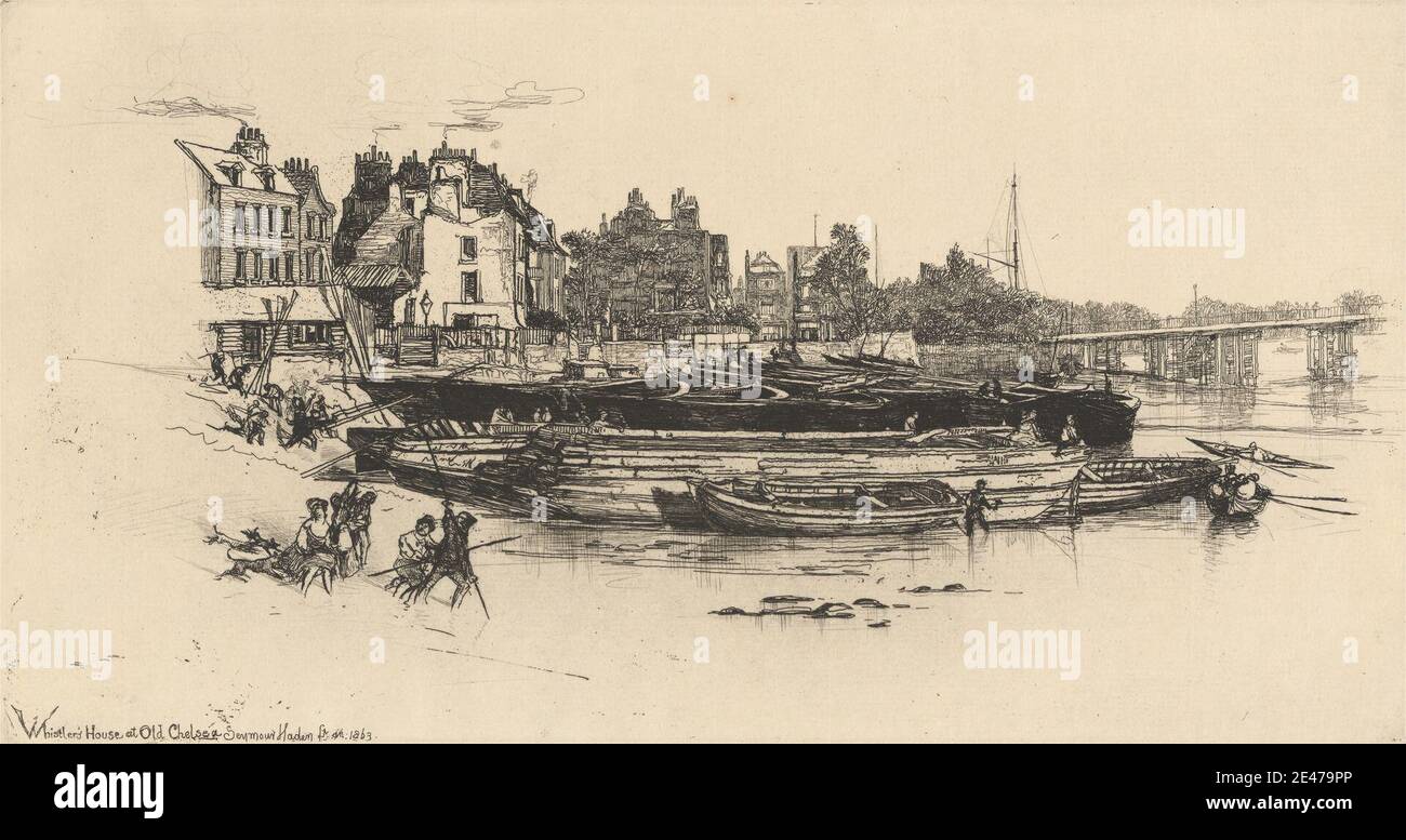 Print made by Francis Seymour Haden, 1818–1910, British, Whistler's House at Old Chelsea, 1863. Etching and drypoint, with plate tone on moderately thick, slightly textured, cream laid paper.   architectural subject , boats , bridge (built work) , children , cityscape , fishing , genre subject , harbour , houses , masts , mooring , oars , people , river , rocks (landforms) , rods , rowing , shore (landform) , smoke , trees. Chelsea , England , Europe , London , Thames , United Kingdom Stock Photo