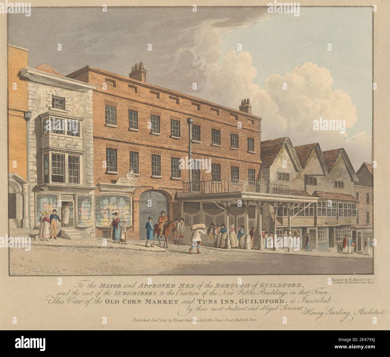 Print made by Robert Havell & Son, 1769–1832, British, View of the Old Corn Market and Tuns Inn, Guildford, 1819. Aquatint with etching, hand-colored on thick, moderately textured, beige wove paper.   architect , architectural subject , architecture , bonnets , buildings , businesses , children , city , dog (animal) , genre subject , horse (animal) , markets , men , shopping , shops , street , walking , women. England , Europe , Guildford , Surrey , United Kingdom Stock Photo