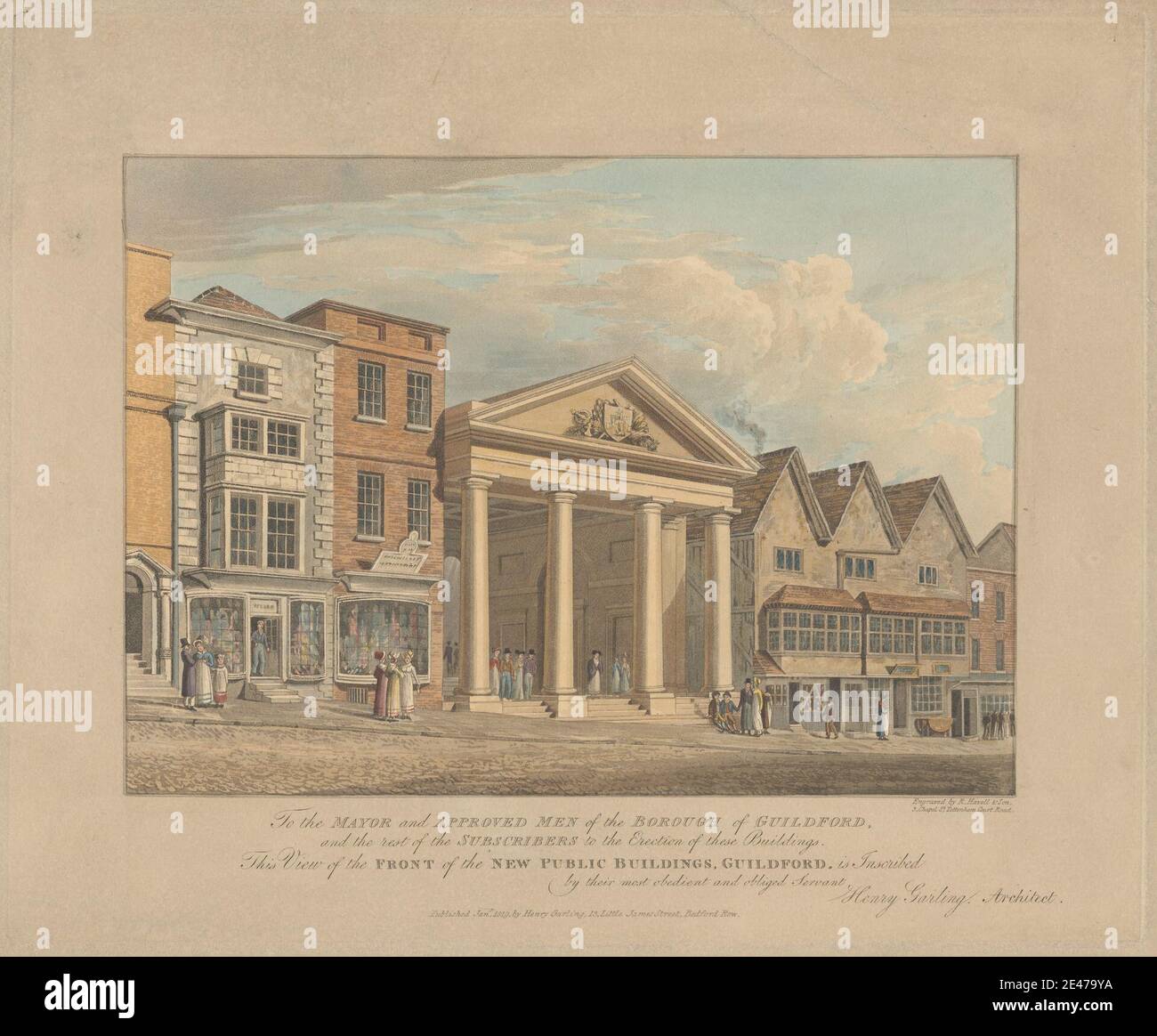 Print made by Robert Havell & Son, 1769–1832, British, View of the Front of the New Public Buildings, Guildford, 1819. Aquatint with etching, hand-colored on thick, moderately textured, beige wove paper.   architect , architectural subject , architecture , bonnets , buildings , businesses , children , city , columns , genre subject , markets , men , pediment , shopping , shops , storefronts , street , walking , women. England , Europe , Guildford , Surrey , United Kingdom Stock Photo