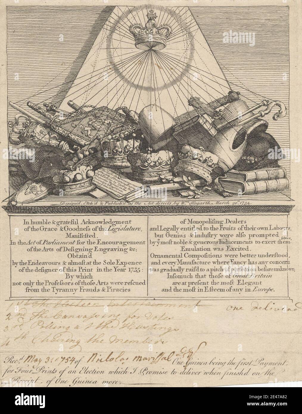 William Hogarth, 1697–1764, British, Subscription Ticket for: 'Four Prints of an Election', 1754. Etching on laid paper. Public Domain Stock Photo