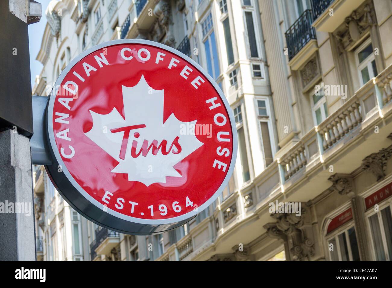 Spain Valencia Ciutat Vella old city historic district Tim’s Canadian Coffee House quick-service restaurant cafeteria exterior sign Stock Photo