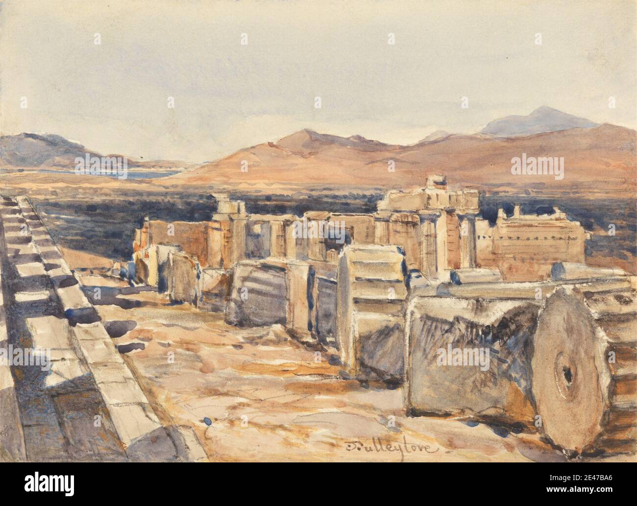 John Fulleylove, 1845–1908, British, The Propylaea from the Northern Edge of the Stylobate of the Parthenon, Athens, undated. Watercolor over graphite with scraping out on thick, slighlty textured, cream wove paper.   architectural subject , mountains , ruins. Athens , Europe , Greece , Parthenon Stock Photo