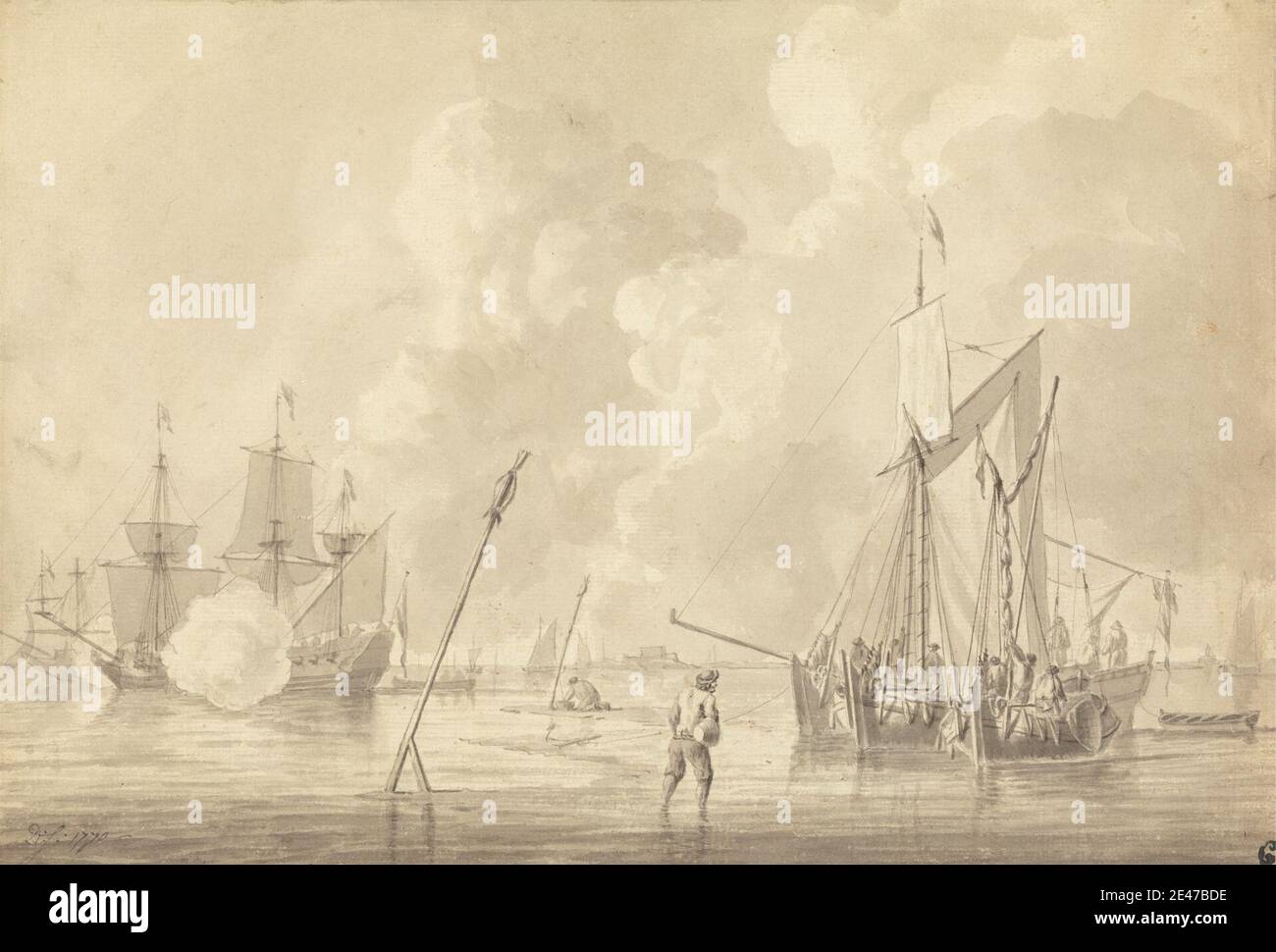 Dominic Serres RA, 1722–1793, French, active in Britain (from the 1750s), Firing a Salute, 1770. Gray ink with gray wash touched with brown ink over graphite on medium, moderately textured, cream laid paper.   cannons (artillery) , clouds , men , sea , shipping , shipping , ships Stock Photo