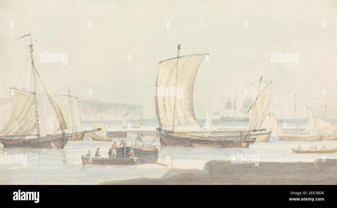 Dominic Serres RA, 1722–1793, French, active in Britain (from the 1750s), Harbor Scene, Between 1758 and 1793. Graphite and watercolor on medium, moderately textured, cream laid paper.   harbor , sailboats , sea , shipping , shipping , warships Stock Photo
