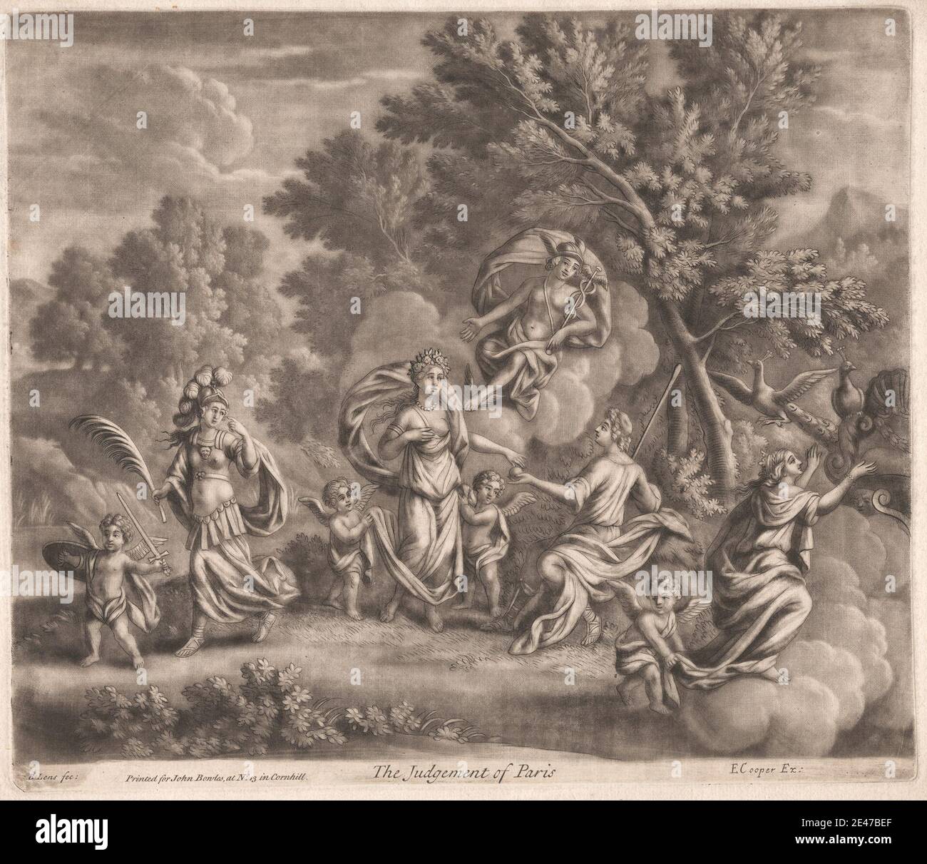 Print made by Bernard Lens, 1659–1725, British, The Judgement of Paris, undated. Mezzotint with line engraving on moderately thick, moderately textured, cream laid paper.   armor , beauty , chariot , choosing , clouds , contest , descending , god , goddesses , helmets , judgements , man , peacocks (birds) , power , putti , staff , trees , wisdom , wreath. Paris Hera Hermes Aphrodite Athena Stock Photo