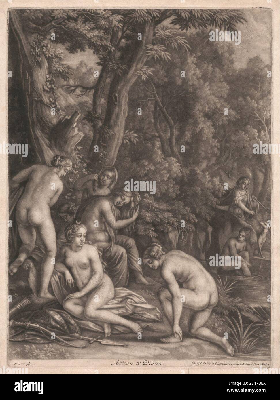 Print made by Bernard Lens, 1659–1725, British, Acteon and Diana, undated. Mezzotint on medium, moderately textured, cream laid paper.   accident , arrows , bathing , bow , cloak , crescent moons , dog , goddess , man , moon , nudes , nymphs , pool , quiver , religious and mythological subject , spear , trees , walking , walking. Diana Actaeon Stock Photo
