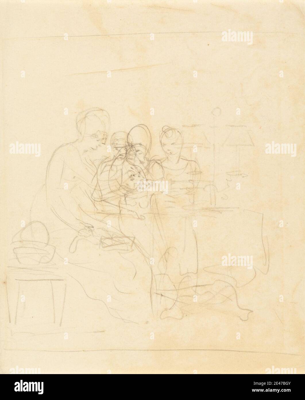 Benjamin West, 1738–1820, American, active in Britain (from 1763), Sketch for a Family Group, undated. Graphite on thin, smooth, cream wove paper.   children , family , genre subject , lamp , seat , table , woman Stock Photo