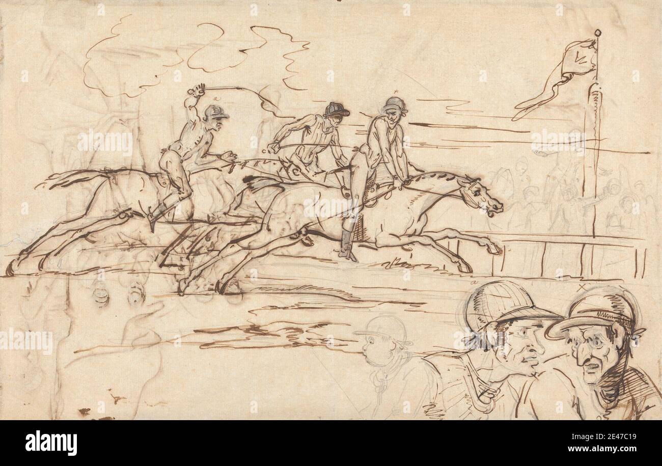 William Lock II, 1767–1847, British, Three Racehorses Approaching the Winning Post, undated. Pen, in brown ink and graphite on thin, slightly textured, cream, laid paper.   caps , flags , horses (animals) , jockeys , races , spectators , sporting art , tracks , whips Stock Photo