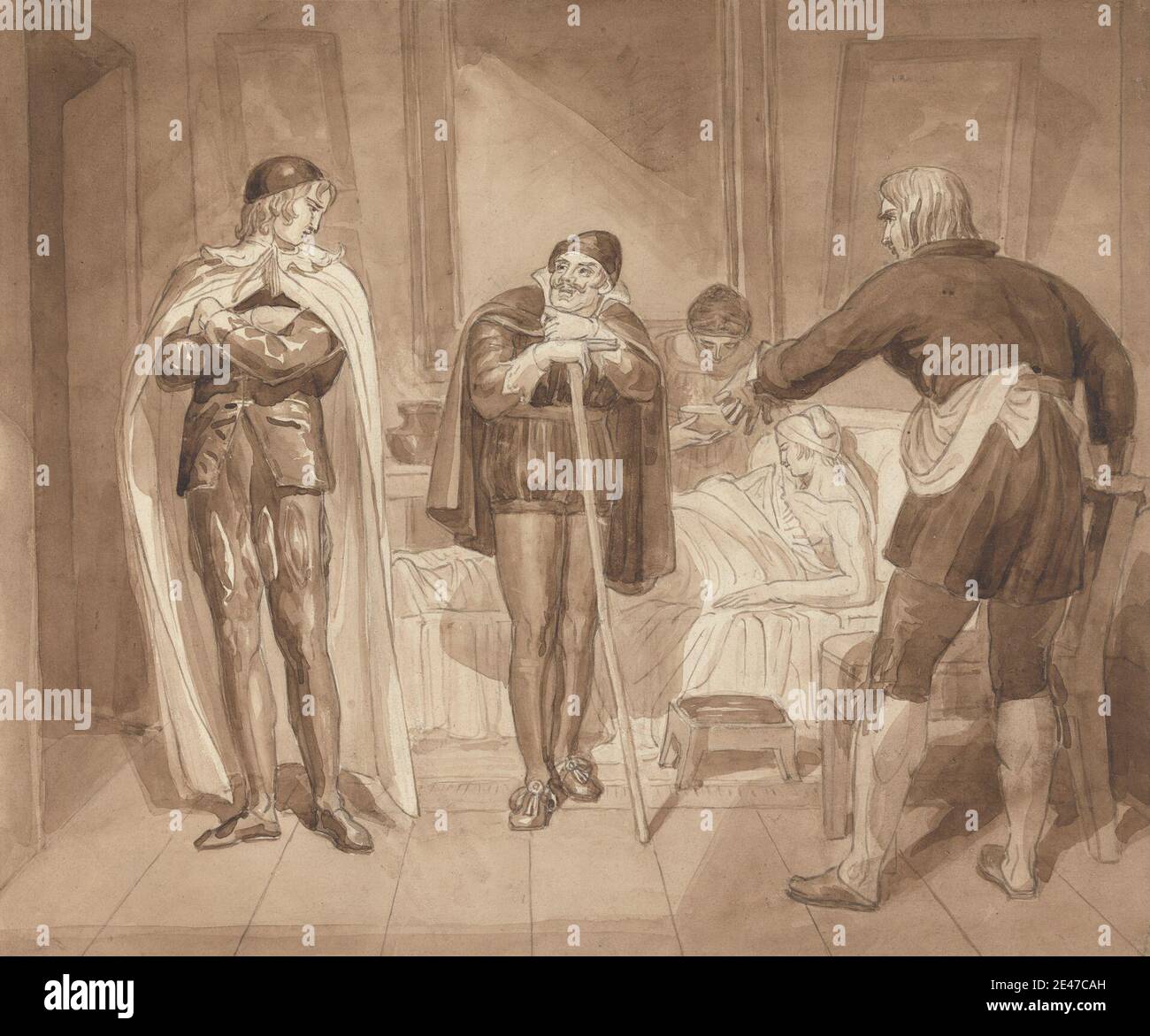 Joshua Cristall, 1768–1847, British, Gil Blas, While Practising Medicine under Dr. Sangrado, Encounters Dr. Cuchillo at the Bedside of the Grocer, between 1820 and 1822. Brown wash and brown ink over graphite on moderately thick, slightly textured, cream wove paper.   bed , boots , breeches (trousers) , caps (headgear) , chairs , coats , illness , illustration , L'Histoire de Gil Blas de Santillane (1715-1735) , literary theme , men , pelerines , picaresque novel , pillows , sheets (bed coverings) , stockings , stools , women. Gil Blas Dr. Sangrado Dr. Cuchillo Stock Photo