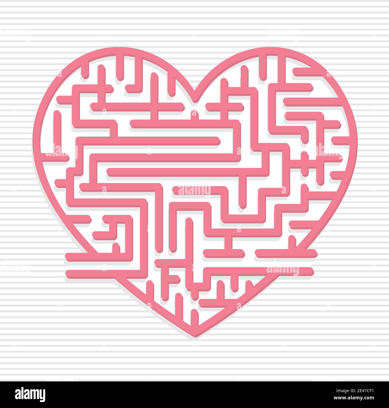 Heart-shaped maze with an entrance and an exit in pink color on a white ...